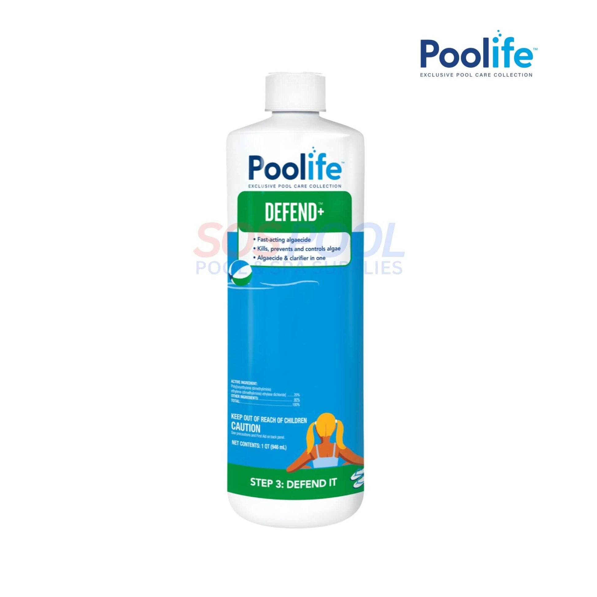 Poolife Defend+ algaecide 62076, a powerful multi-functional, non-foaming formula for SOS Pool treatment.