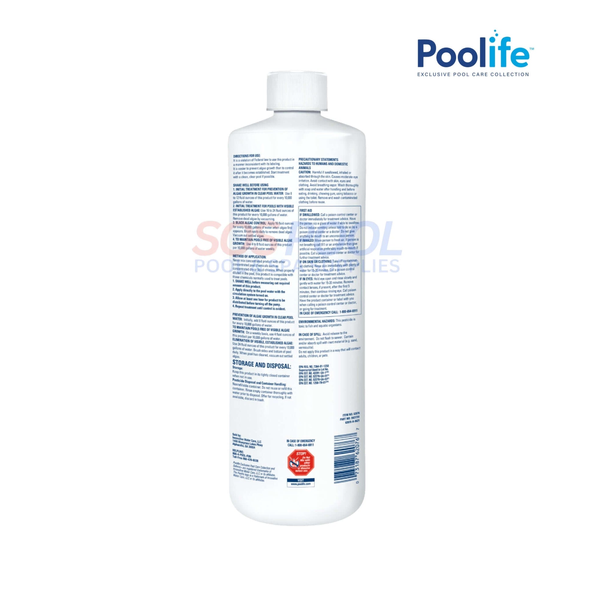 Poolife Defend+ Pool Algacide 62076 bottle back view with ingredients, effective for algae treatment and clarifying pool water.