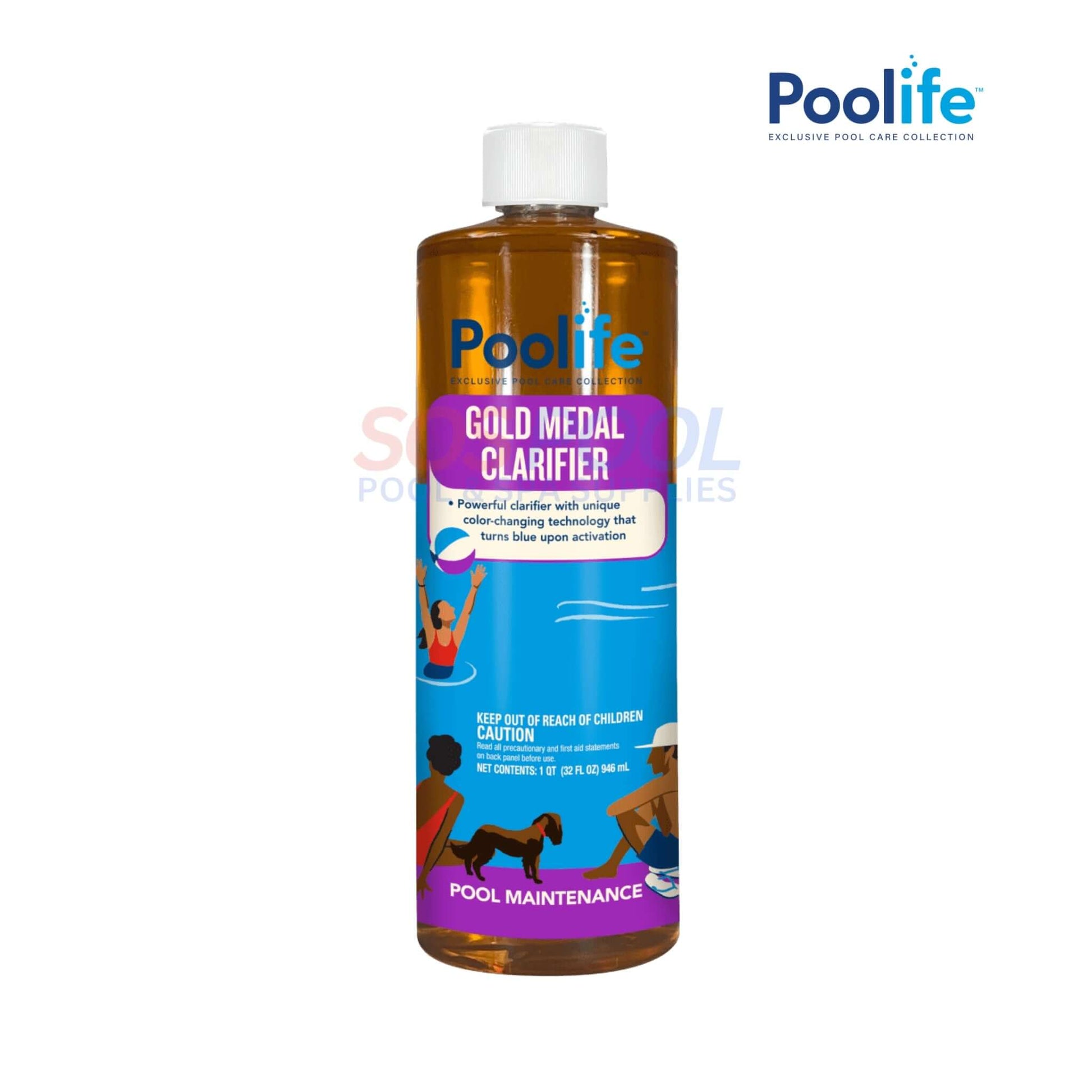 Poolife Gold Medal Swimming Pool Water Clarifier, 1 QT, SOS Pool, enhances filter efficiency, color-changing technology.