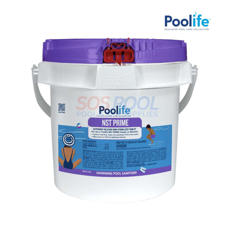 Poolife NST Prime Chlorine Tablets in a 20.2 lbs bucket for pool sanitation, available at SOS Pool Supplies.