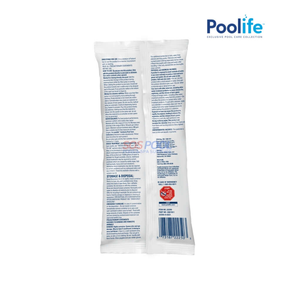 Poolife Rapid Shock Pool Shock Treatment 1 lb back packaging, 68% Calcium Hypochlorite for SOS Pool maintenance.