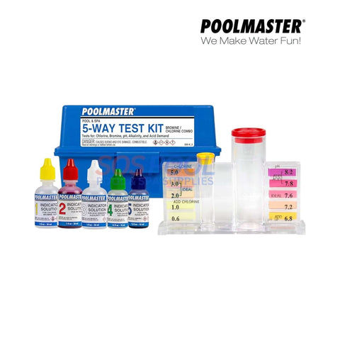Poolmaster 5-Way Test Kit 22260 for Chlorine, Bromine, pH, Acid Demand, and Total Alkalinity, SOS Pool approved.