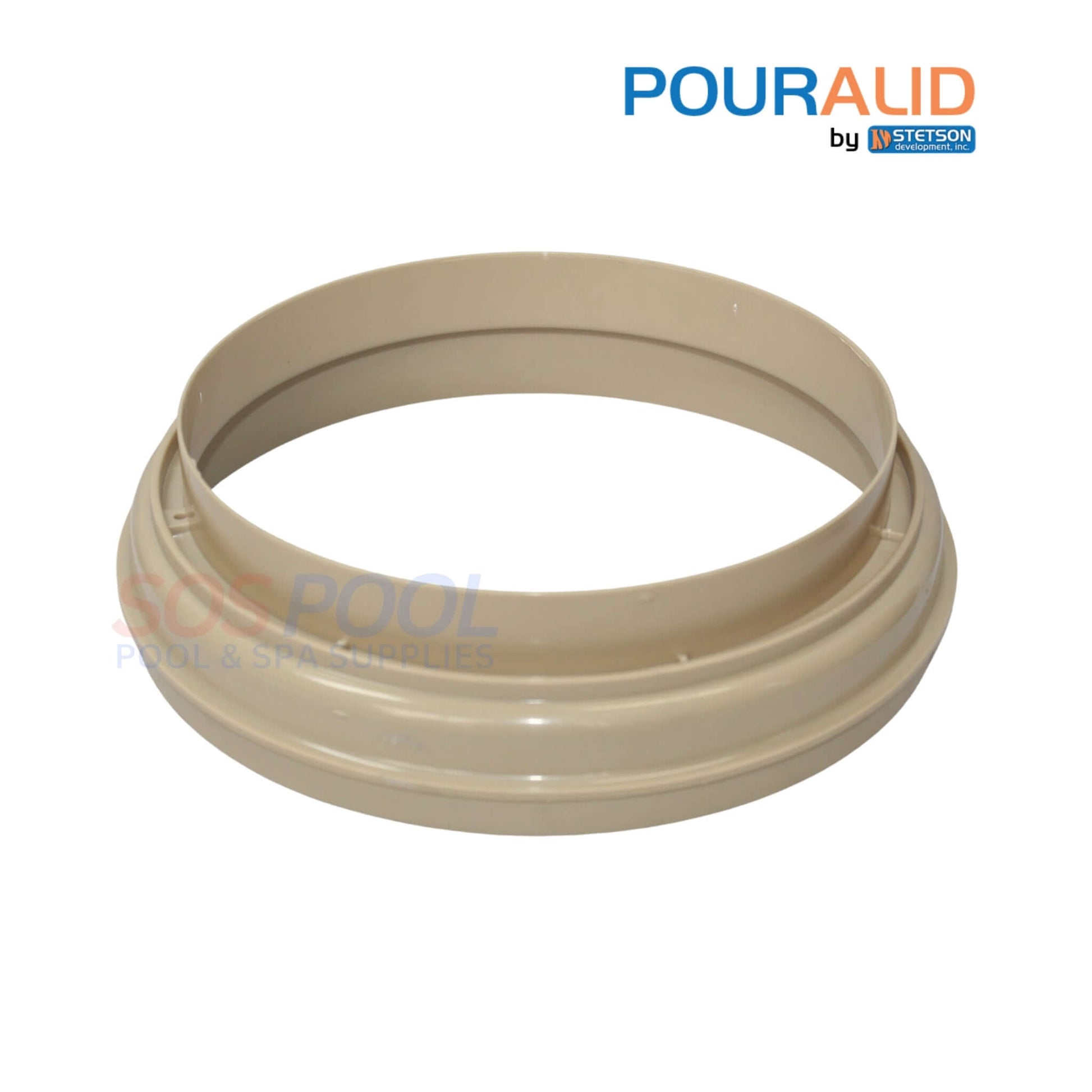 Pour-A-Lid Round Skimmer Cover Tan 10-inch by SOS Pool, innovative design for deck integration and skimmer concealment.