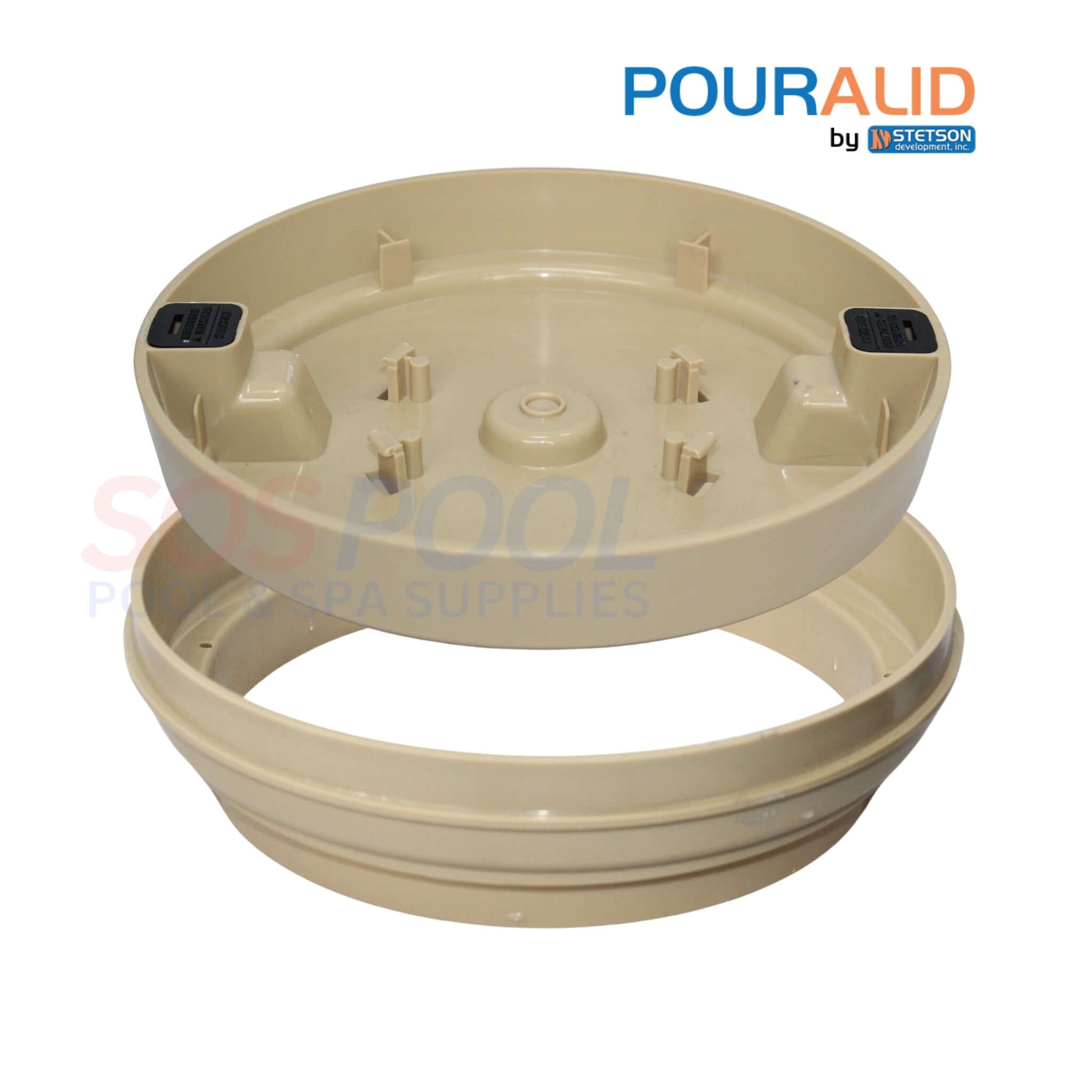 Pour-A-Lid 10" Round Skimmer Cover in Tan 201PALTAN by SOS Pool, featuring a custom-fit collar and pourable lid.