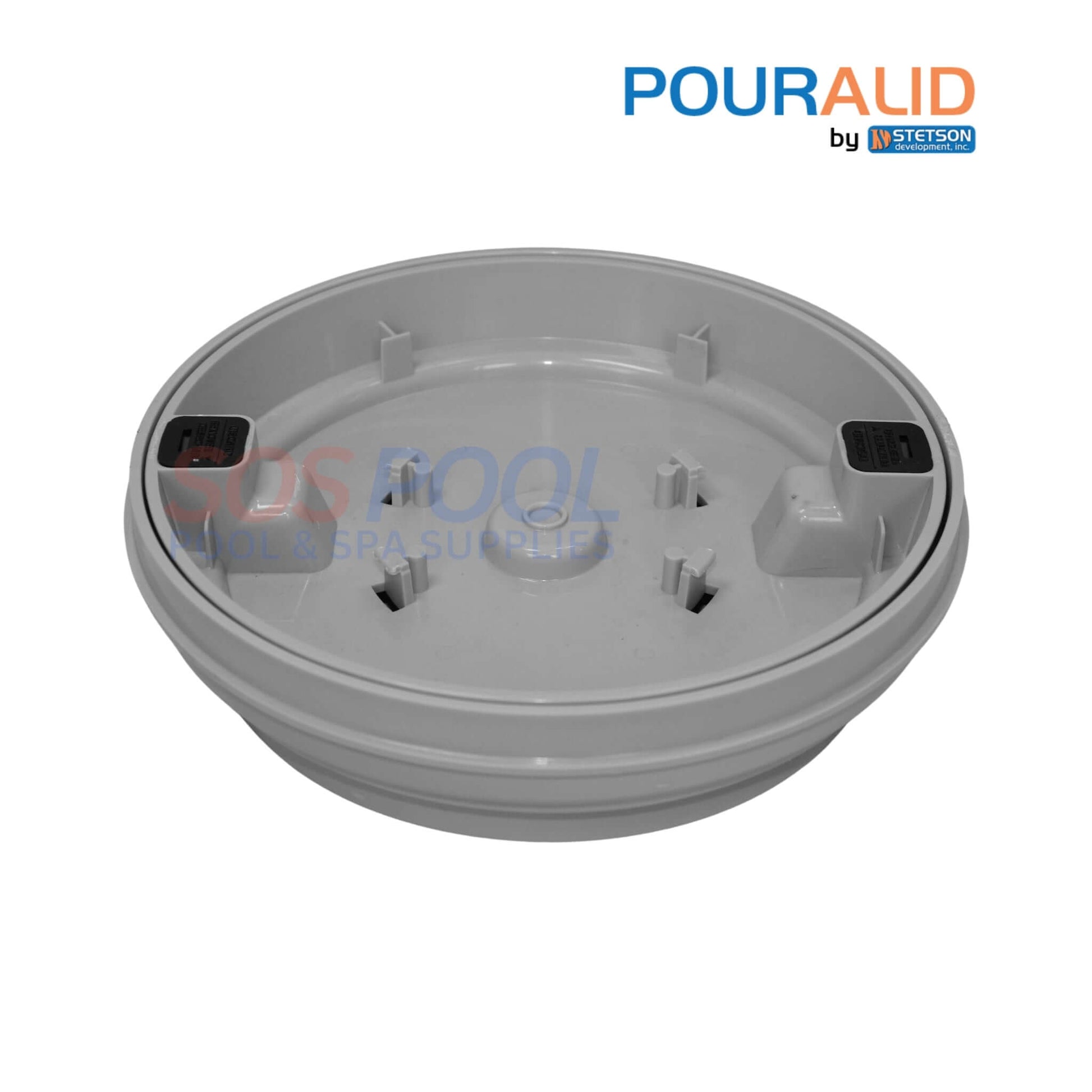 Pour-A-Lid Gray Round Skimmer Cover, 10-inch, designed for seamless integration with SOS Pool deck finishes.