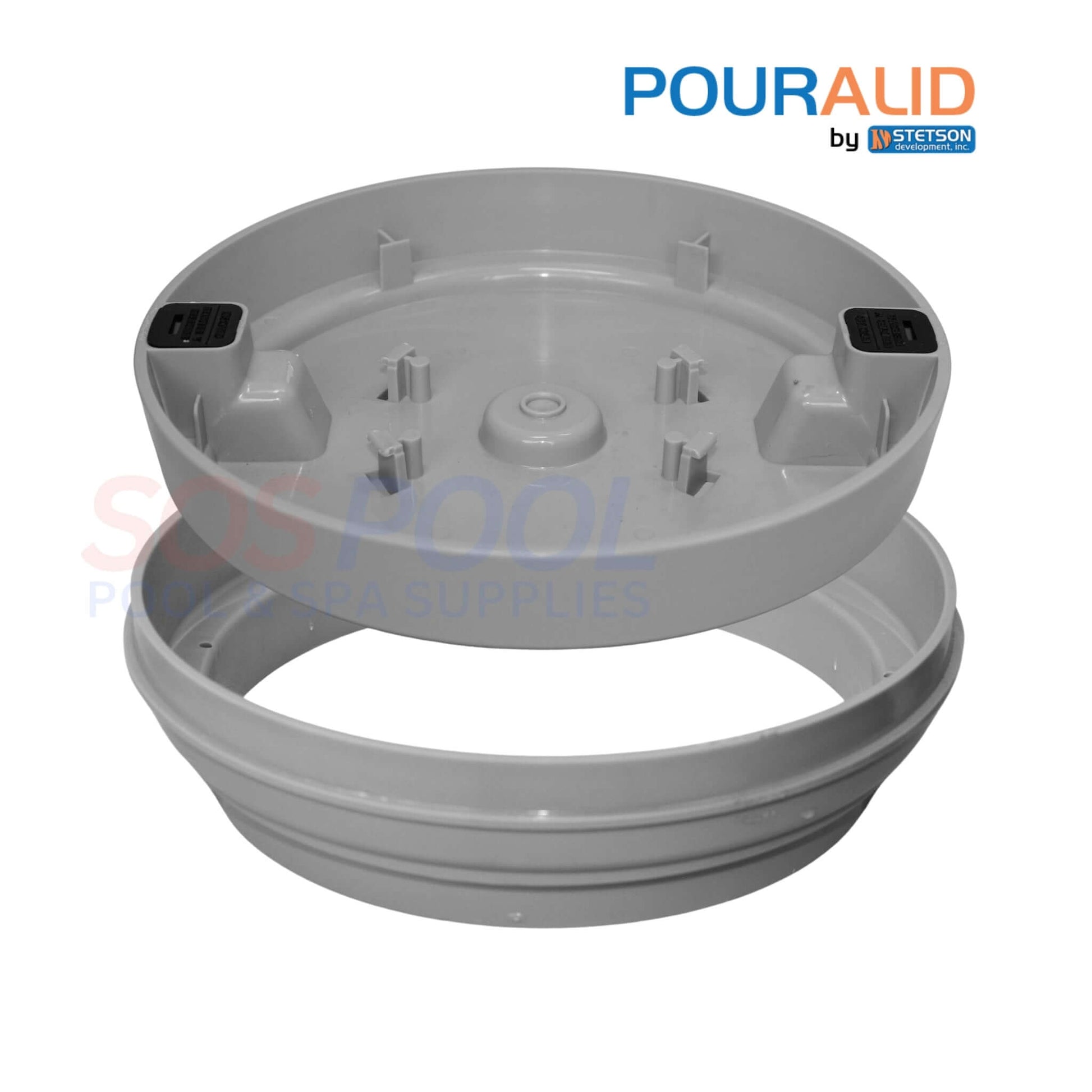Pour-A-Lid 10" Round Skimmer Cover in Gray by SOS Pool, innovative pool solution for deck integration.
