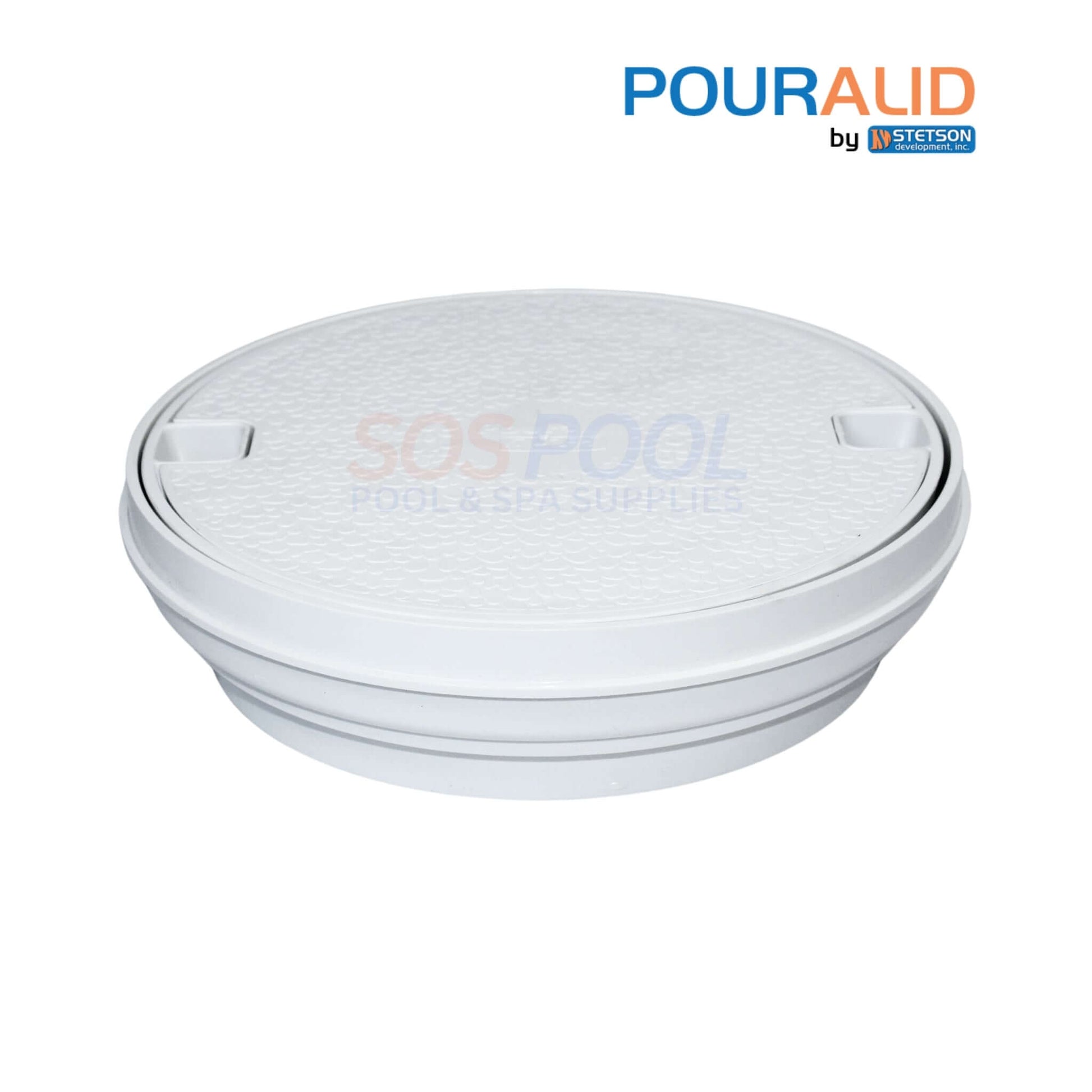 Pour-A-Lid 10-inch Round Skimmer Cover in White | 201PALWHITE from SOS Pool, ideal for pool deck integration.