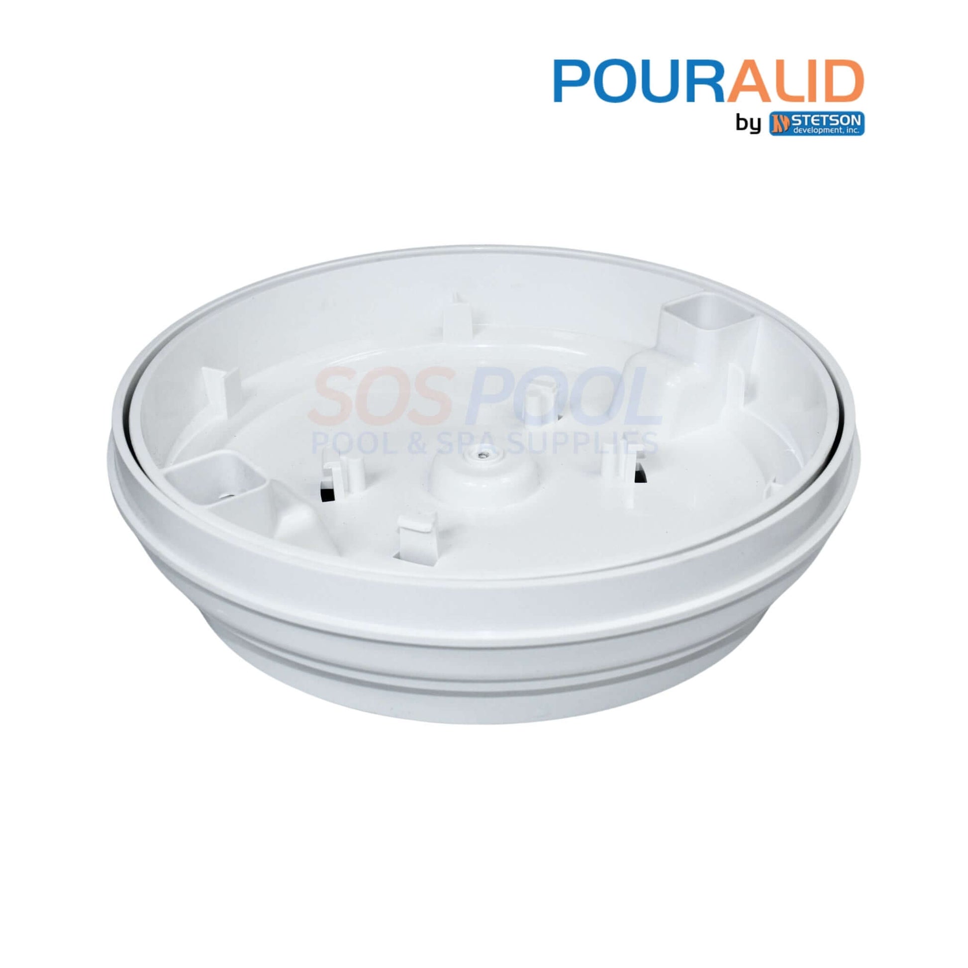 Pour-A-Lid 10" Round Skimmer Cover by SOS Pool in White, ideal for seamless deck integration and skimmer concealment.
