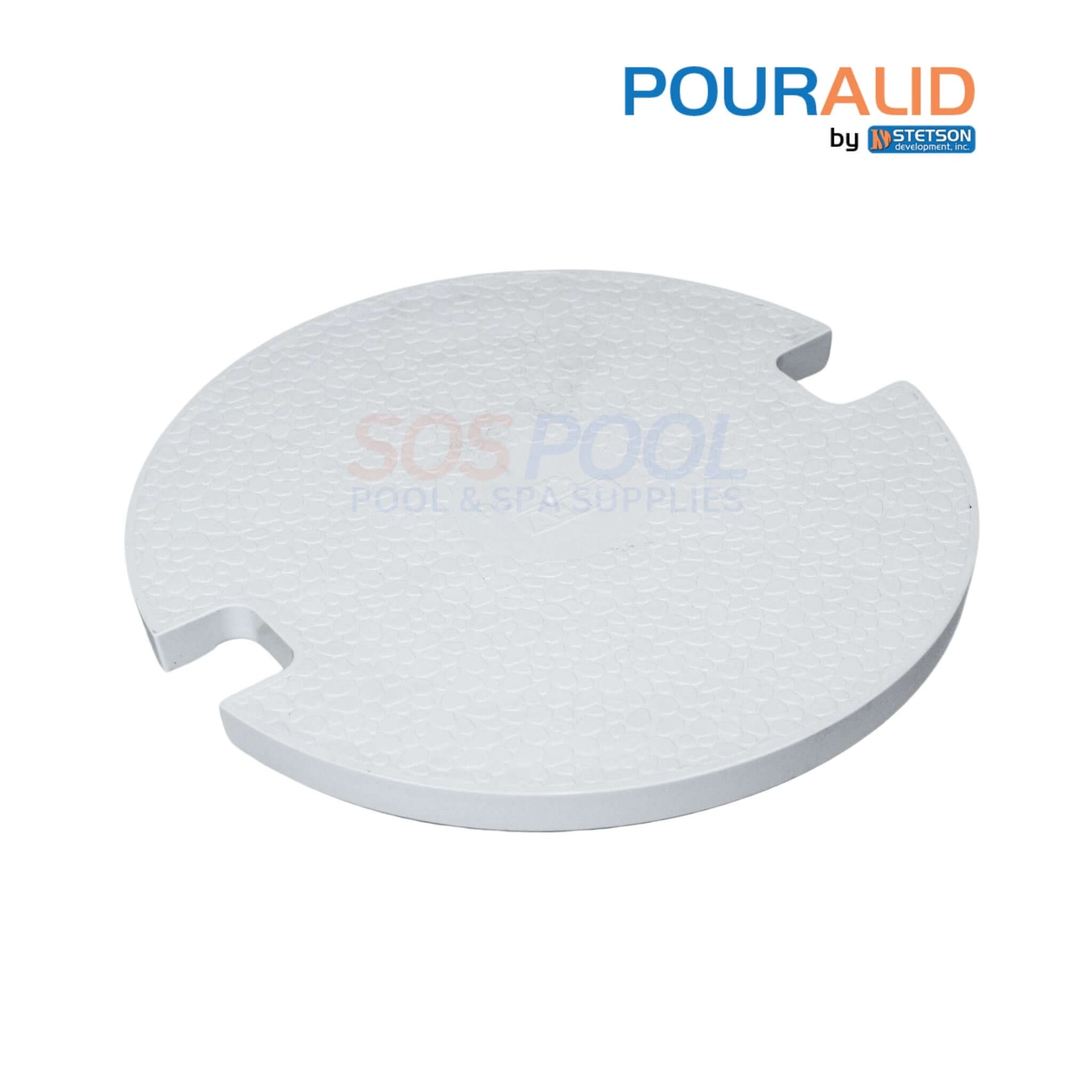Pour-A-Lid Round Skimmer Cover 10 inch in White by SOS Pool, seamless skimmer lid for deck integration.