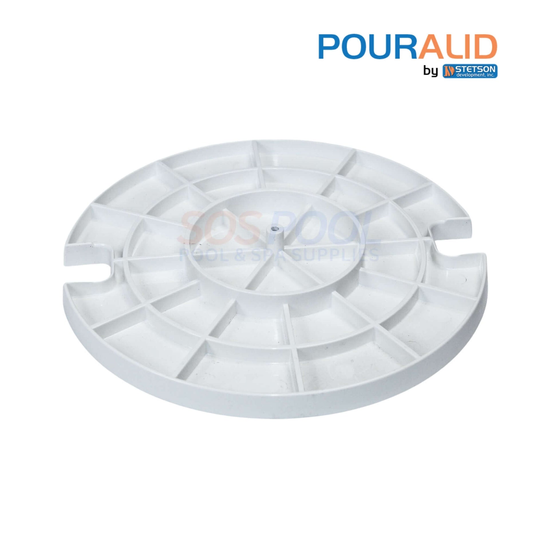 Pour-A-Lid 10" Round Skimmer Cover in White, SOS Pool. Innovative design for seamless pool deck integration.