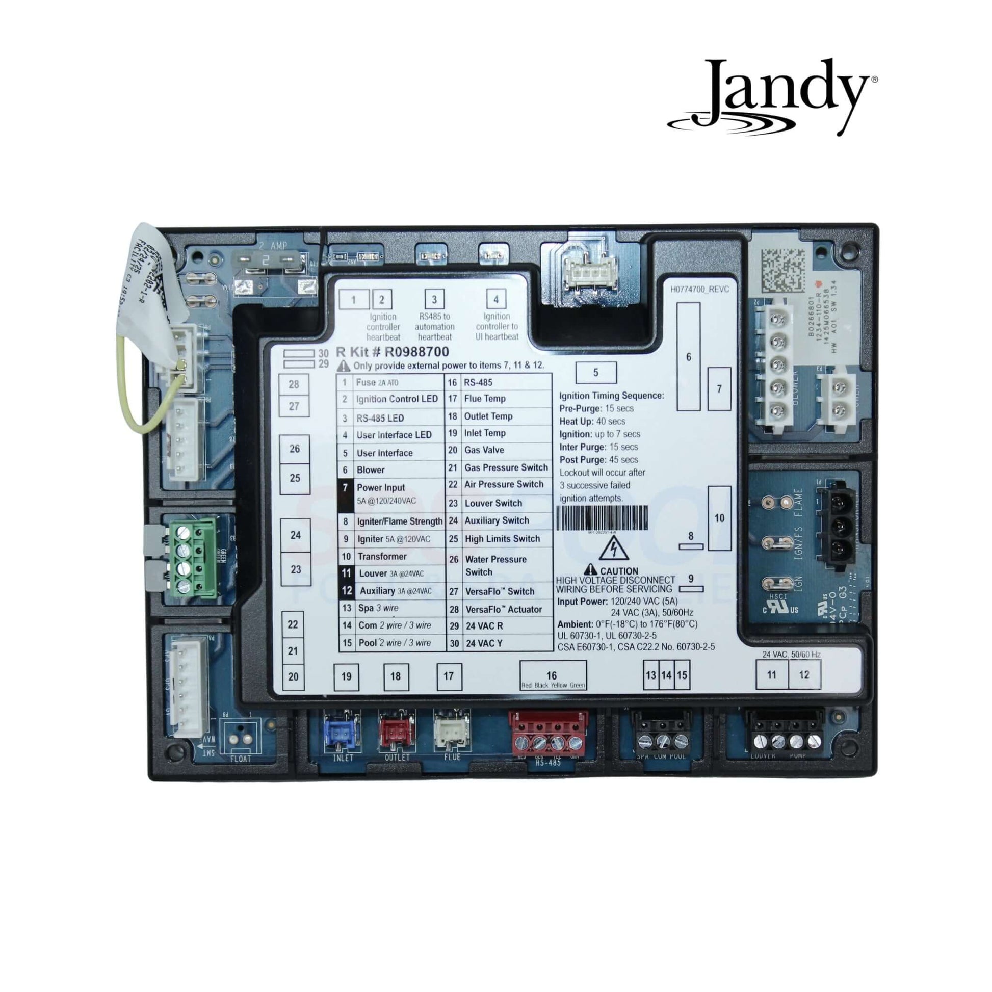 Jandy R0988700 Ignition Control Module for JXiQ Heaters, showcasing electronic components and labels, used for reliable pool heat management.