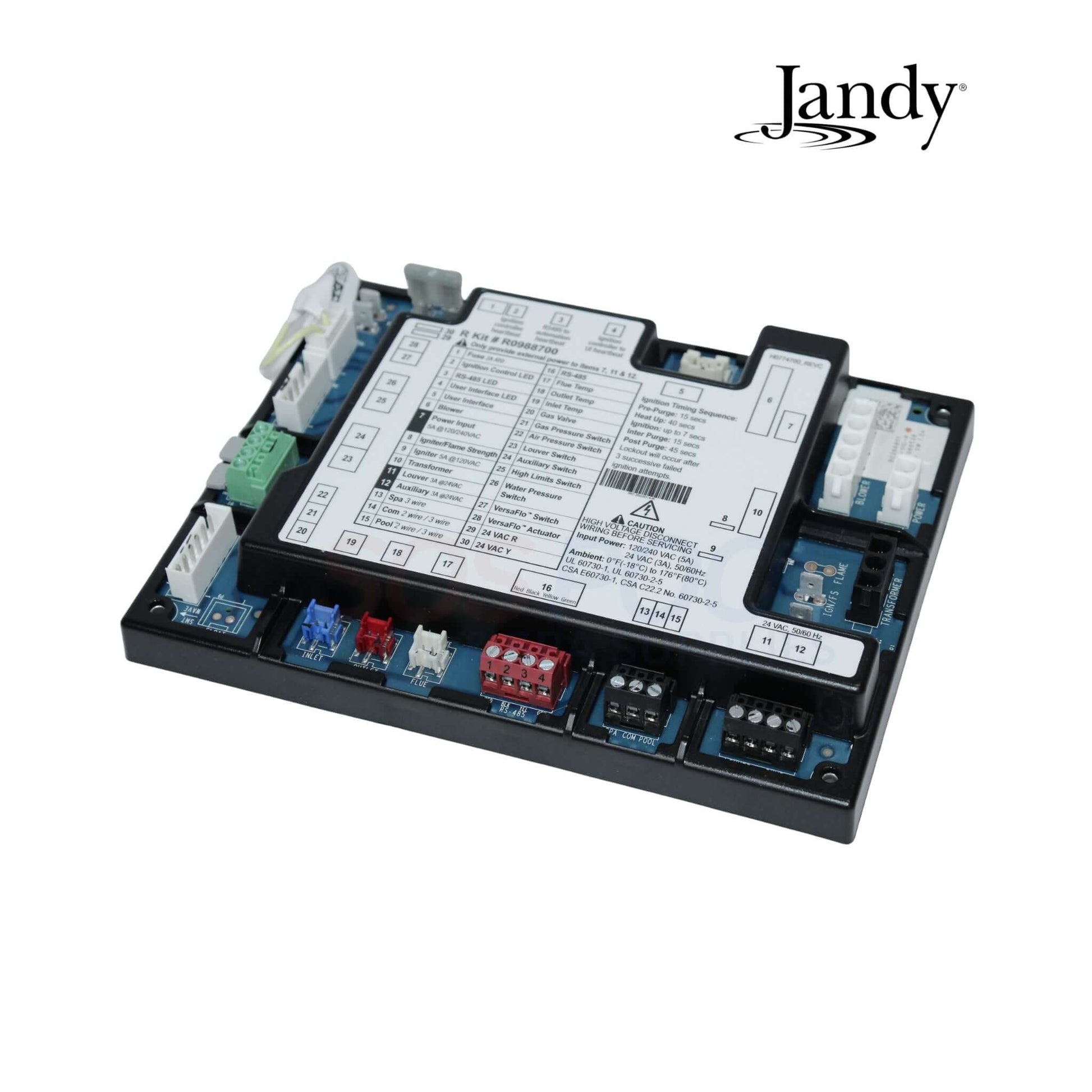 Jandy R0988700 ignition control assembly for JXiQ heaters, featuring controls and connectors, ideal for pool and spa maintenance.