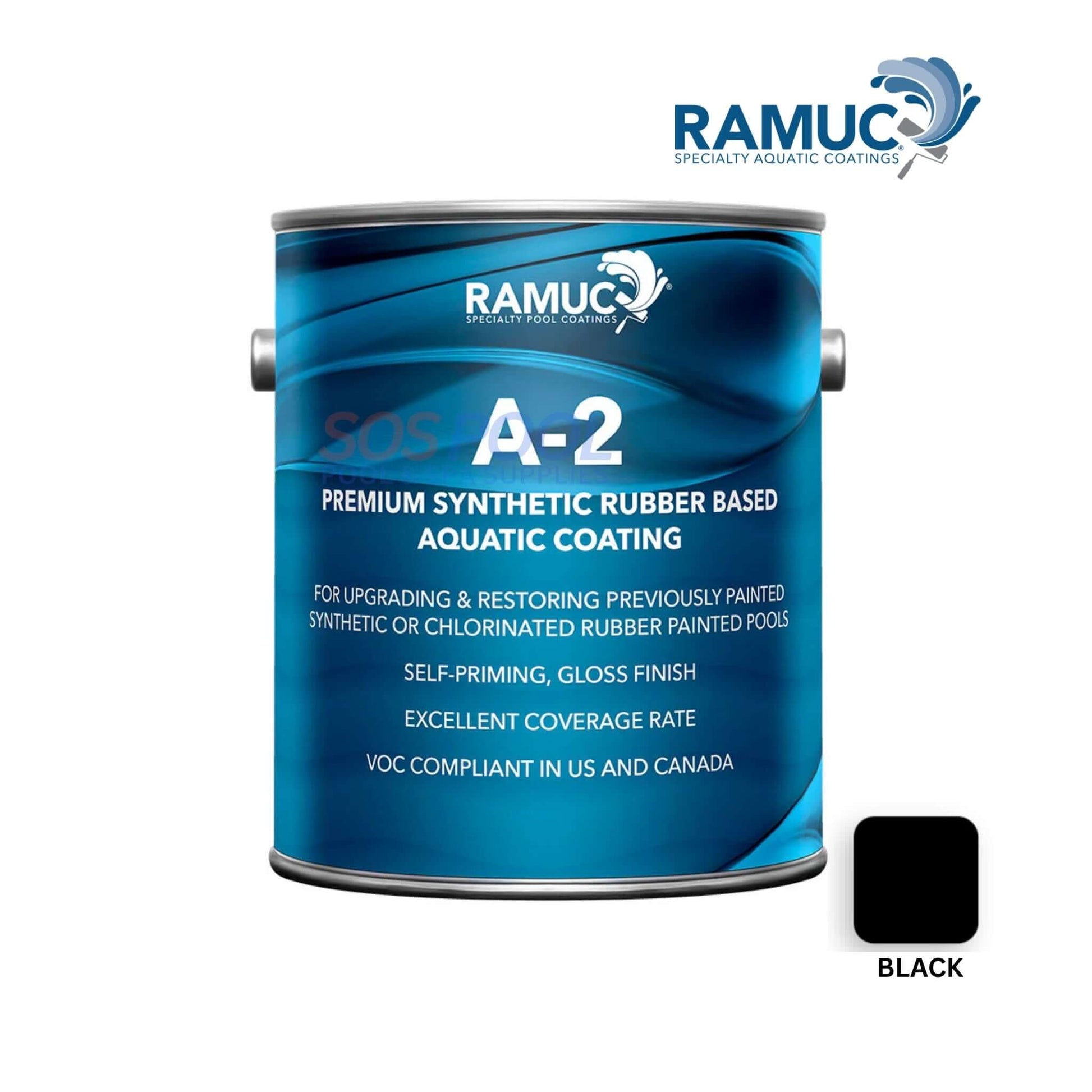 Ramuc A-2 Black Pool Paint Rubber Based 1 Gallon | 2962232101 canister, showcasing black color and SOS logo, ideal for pool restoration.