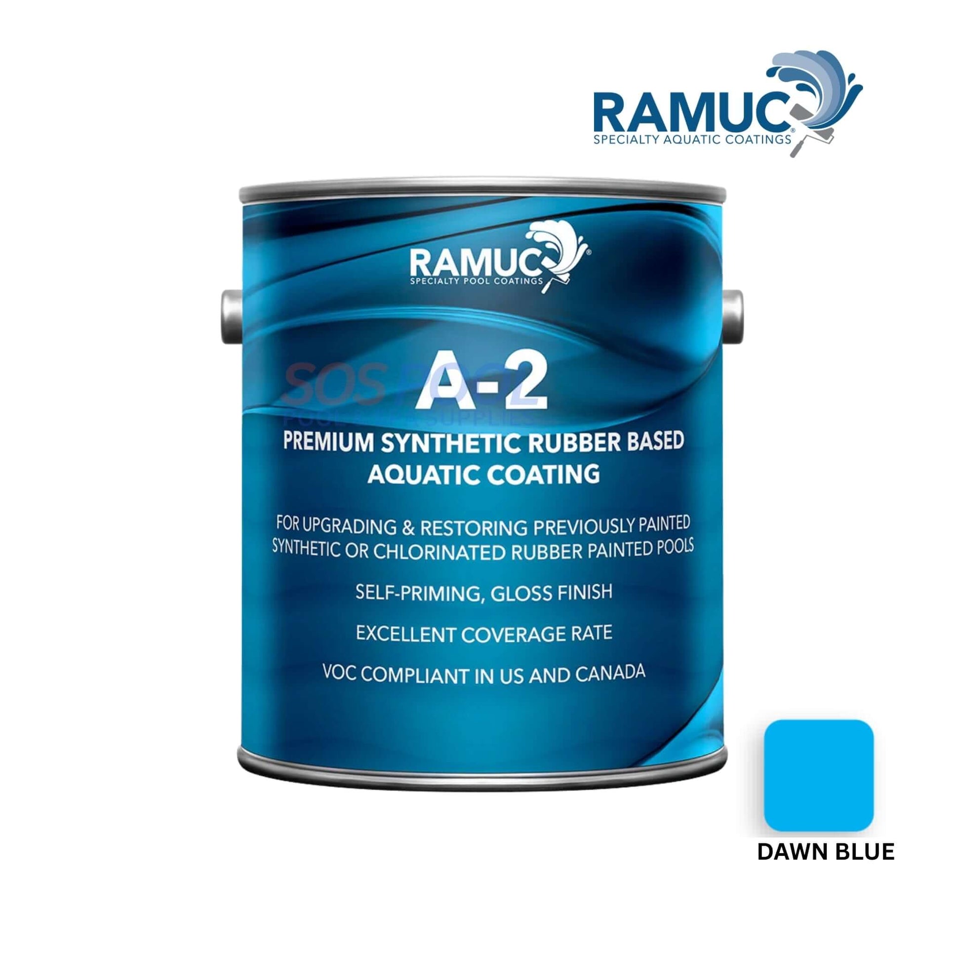 Ramuc A-2 Damn Blue Pool Paint Rubber Based 1 Gallon | 2962232801 shown in glossy finish for pool use at SOS Pool.