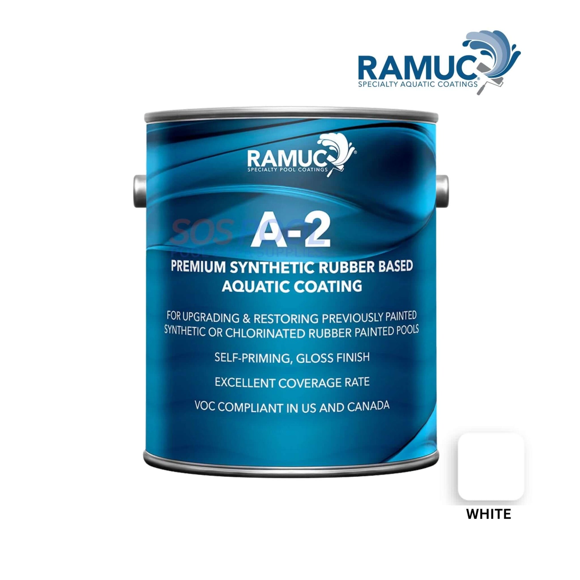 Ramuc A-2 White Pool Paint Rubber Based 1 Gallon | 2962231101, white paint can for pool restoration with glossy finish.