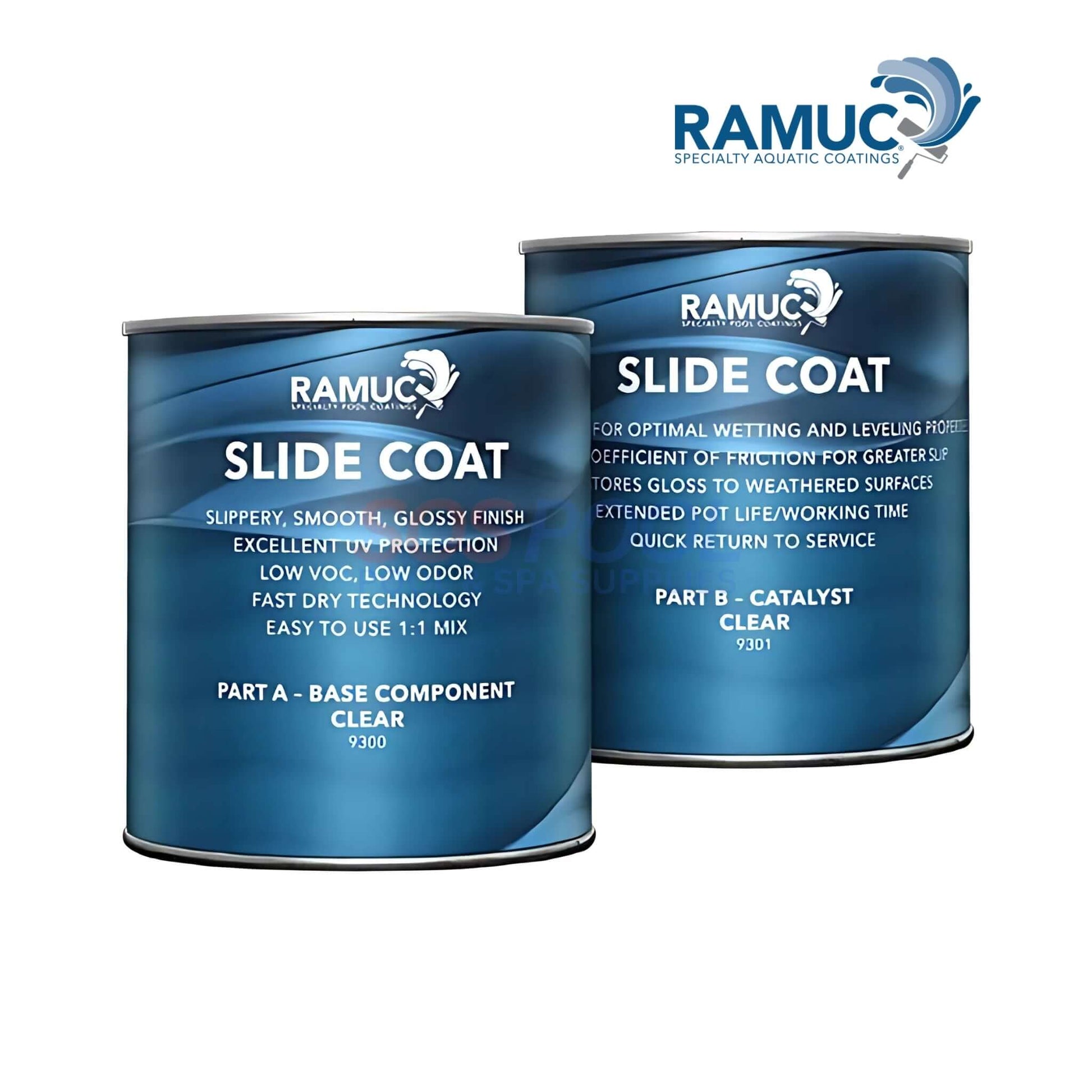 Ramuc Pool Slide Coat Part A+B 2Qt cans, clear finish for pool slides, low odor, UV protection, SKU 93009301, SOS Pool supplies.