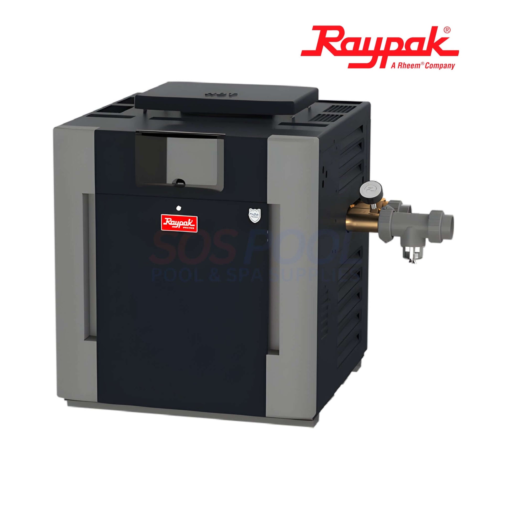 Raypak 207A Digital Low NOx ASME Pool Heater | 017705 in black and gray design for efficient pool heating at SOS Pool supplies.