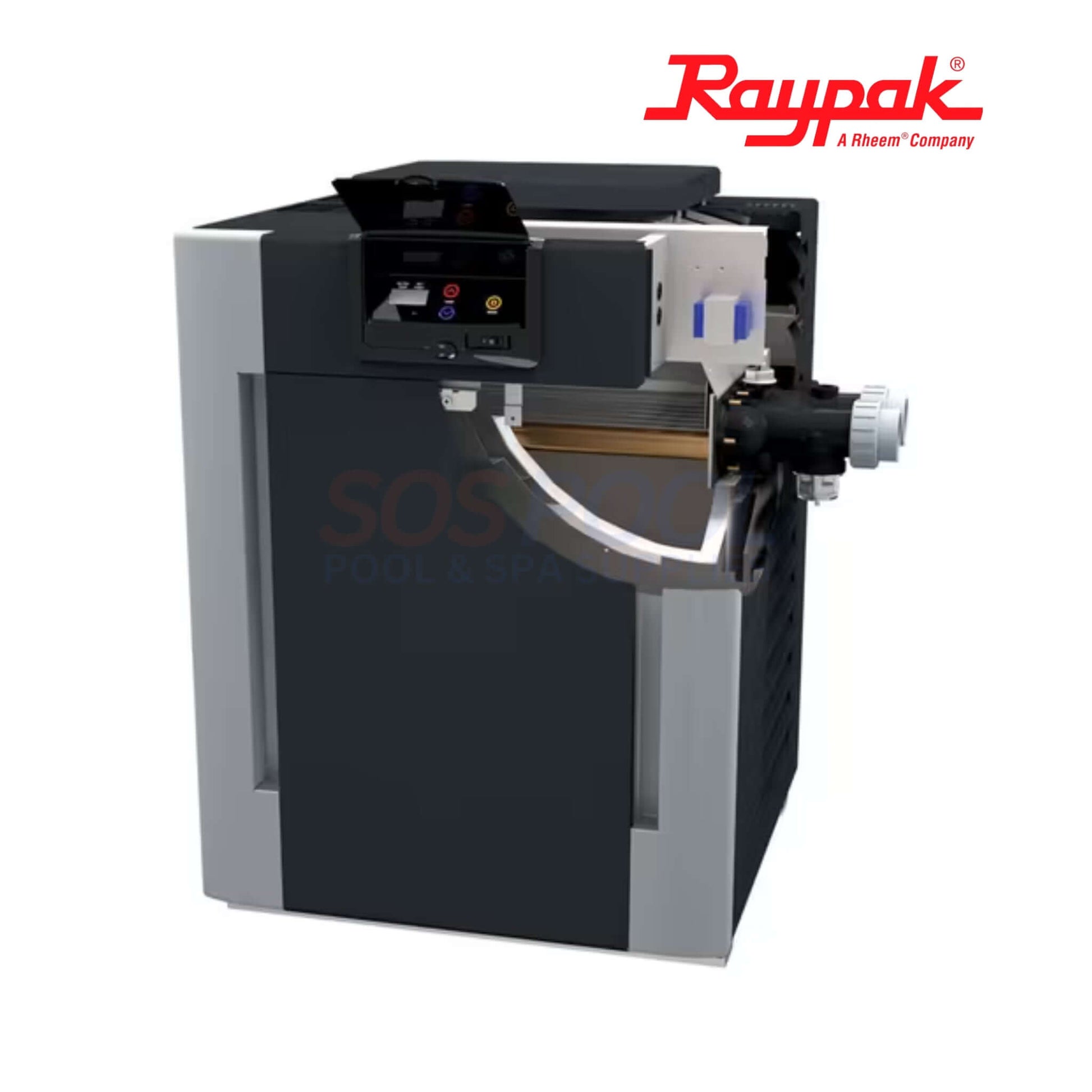 Raypak 207A Digital Low NOx ASME Pool Heater | 017705 in black and silver, displayed at an angle, showcasing control panel and gas connection, ideal for SOS Pool.