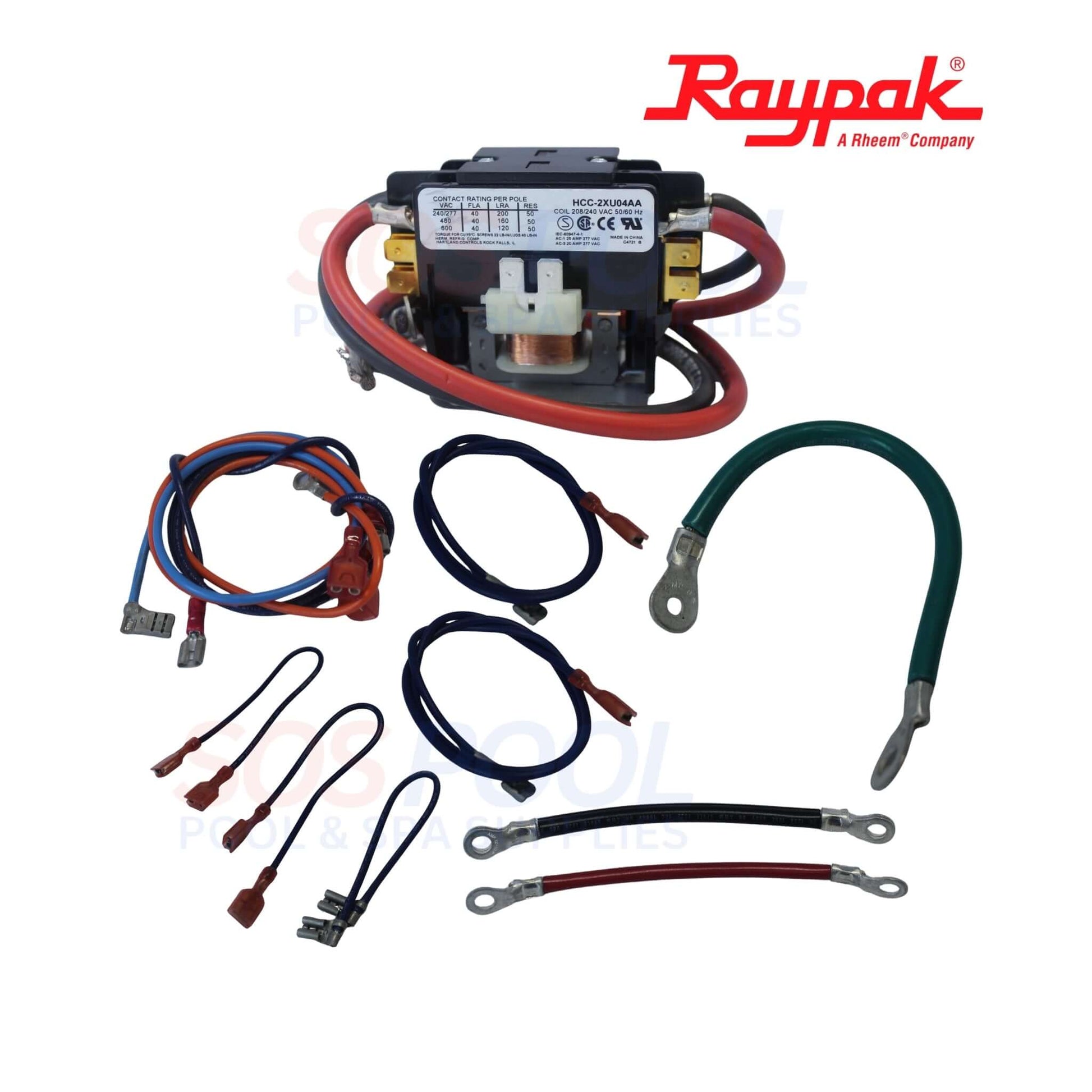 Raypak 240V Contractor Heaters For ELS/ELC/ELA | 001813F kit with heavy-duty contactor relay and wiring for pool heaters.