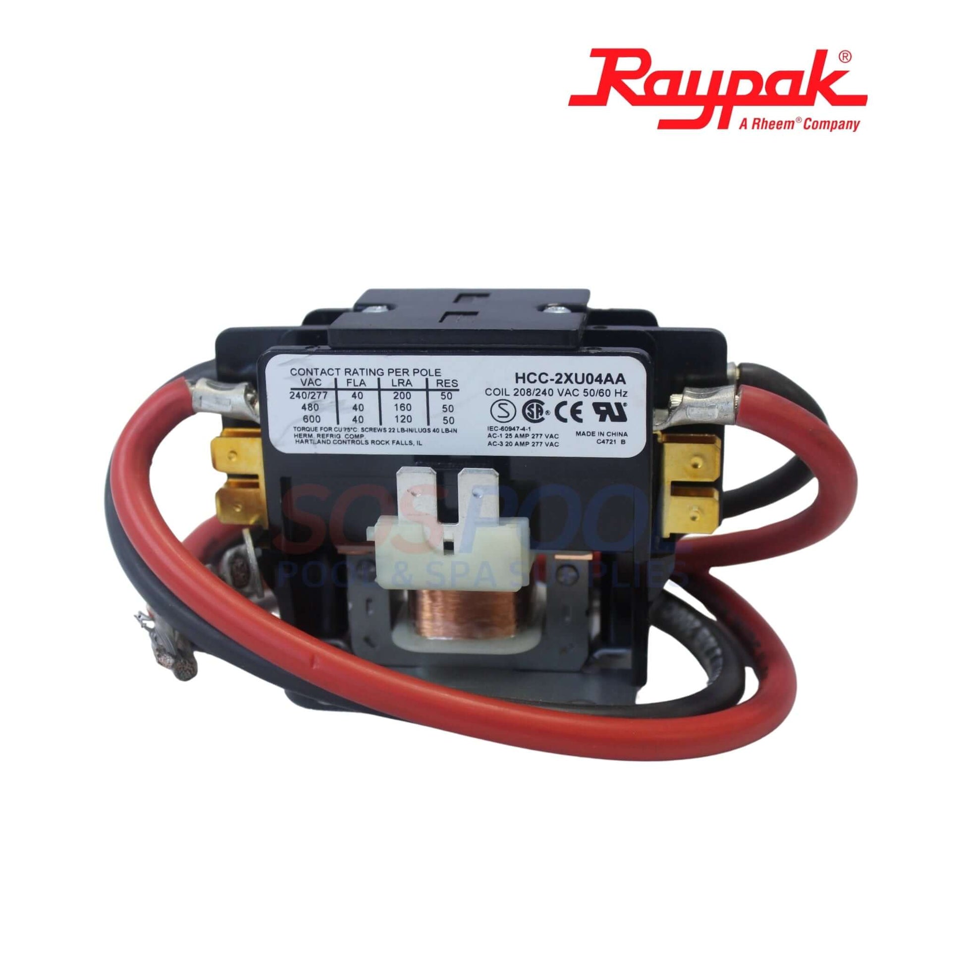 Raypak 240V Contractor Heaters For ELS/ELC/ELA | 001813F heavy-duty contactor relay for electric pool heaters with wiring.