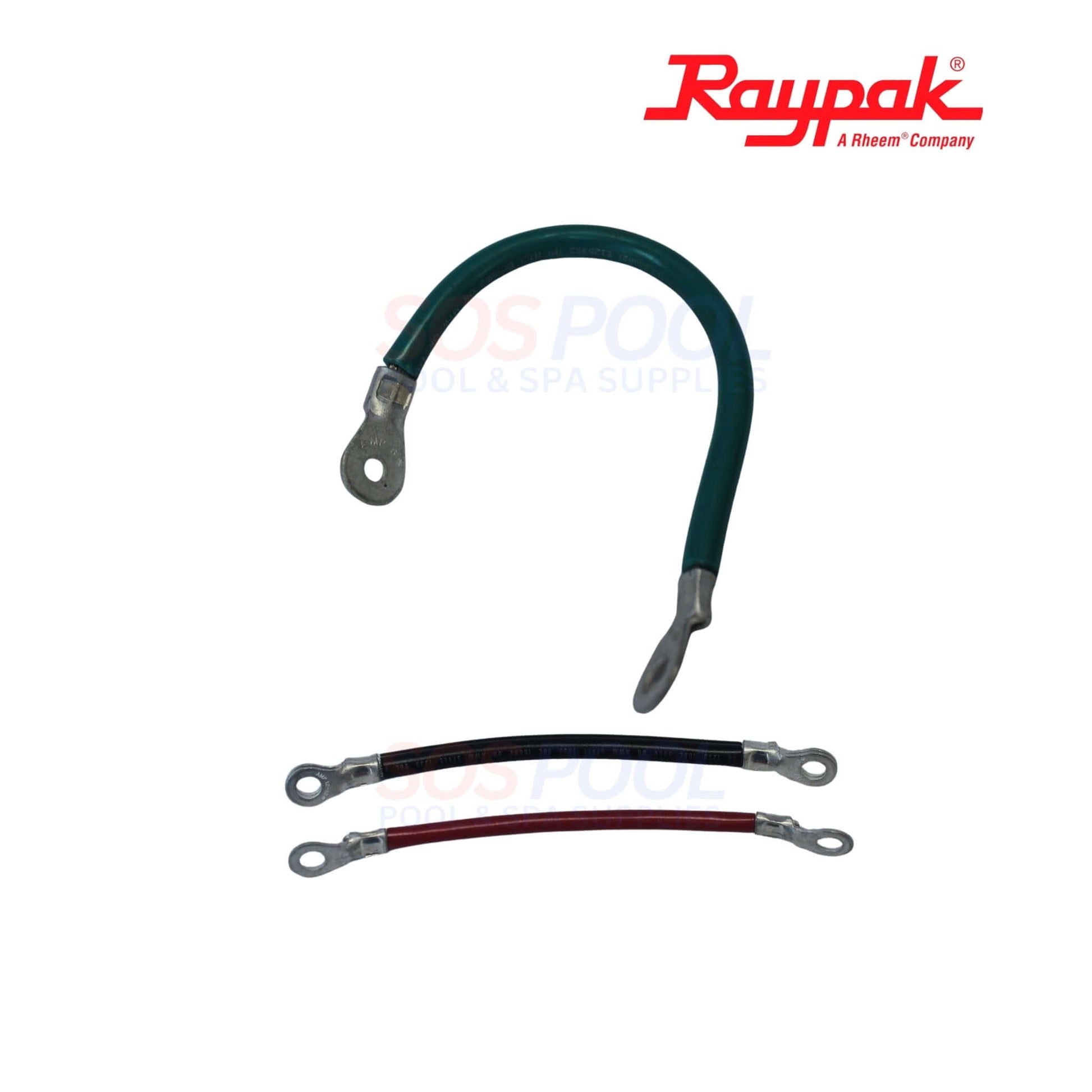 Raypak 240V Contractor Heaters For ELS/ELC/ELA | 001813F wiring assembly with green and red wires, SOS Pool logo in background.