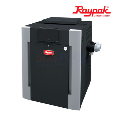 Raypak 337A Digital Low NOx ASME Pool Heater | 017707 in black with silver accents, designed for pools and spas by SOS Pool.