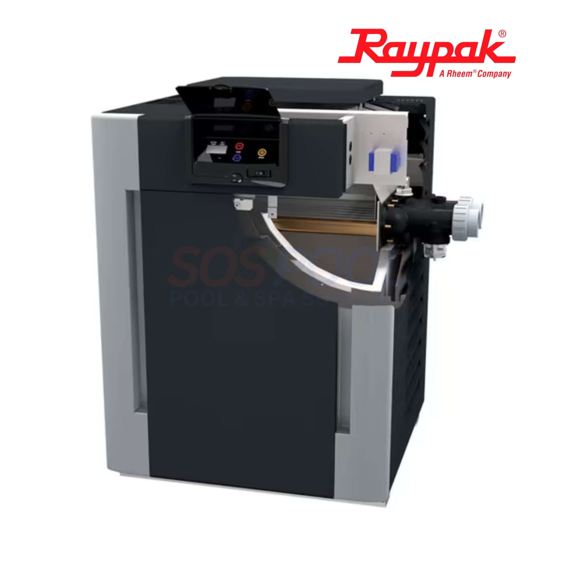 Raypak 407A Digital Low NOx ASME Pool Heater | 017708 side view with controls, designed for large pools, SOS Pool supplies.