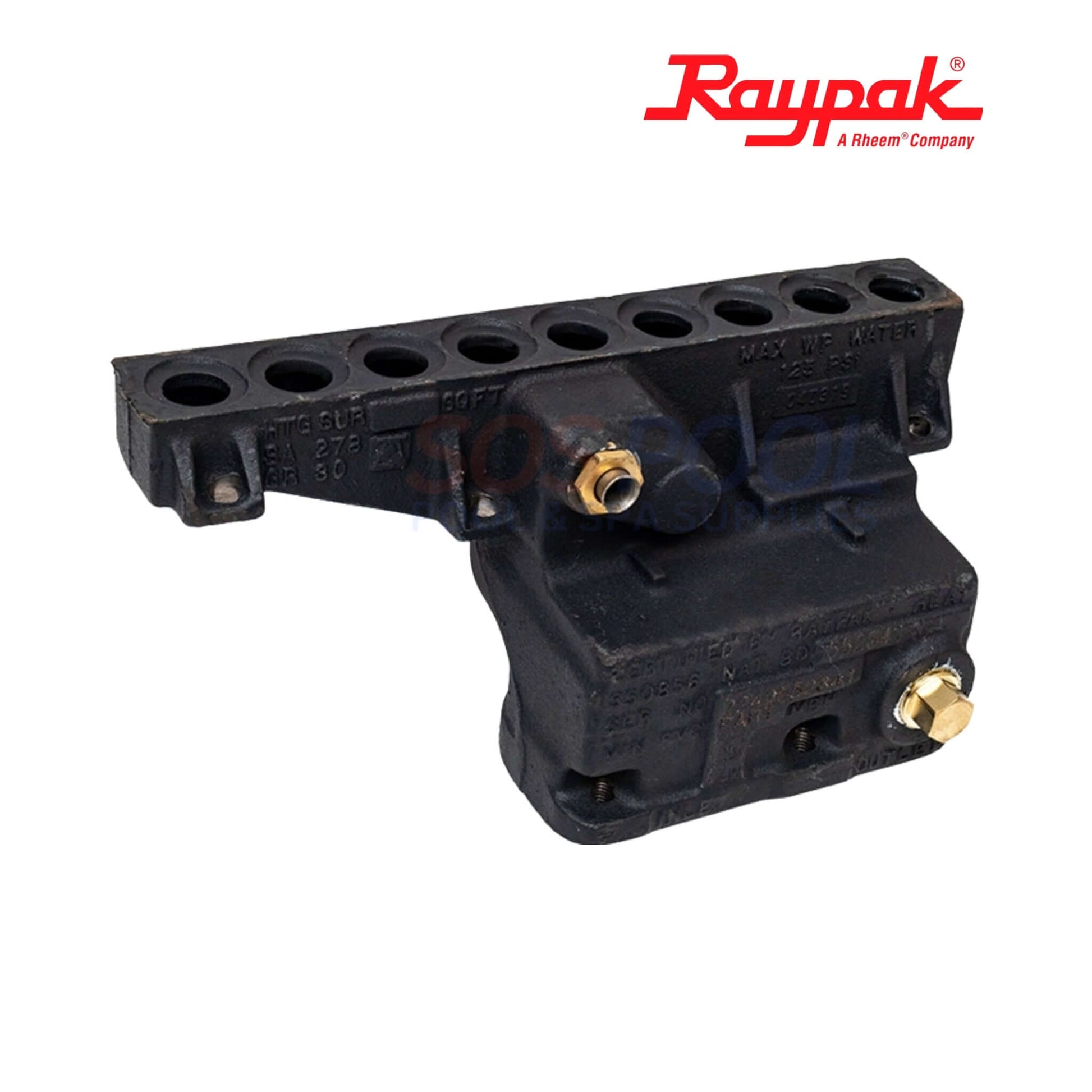 Raypak ASME CI Heater Inlet & Outlet Header | 006730F in black cast iron, featuring inlet and outlet flanges for pool systems.