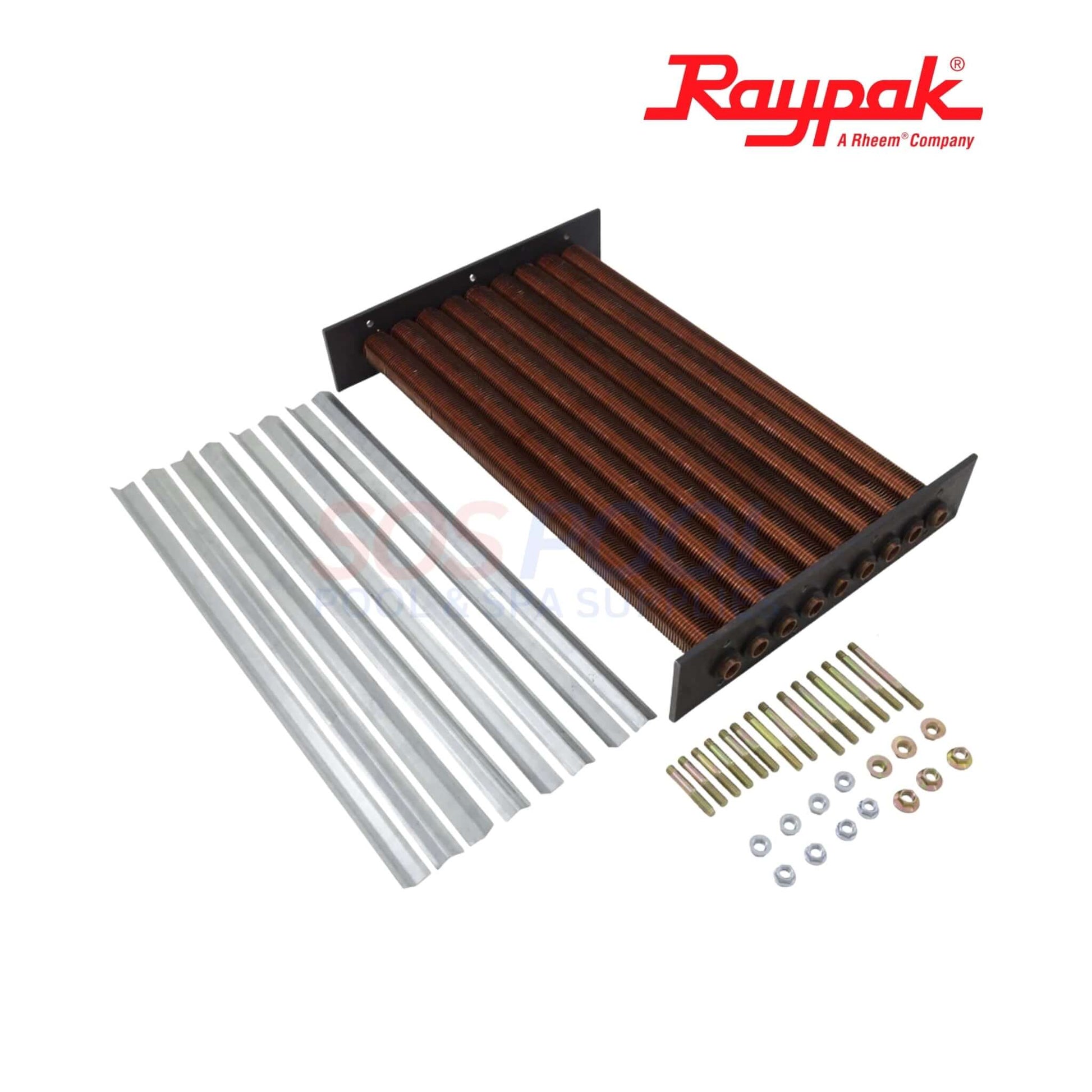 Raypak ASME Copper Tube Bundle Heat Exchanger For 406A/407A | 010058F, showcasing copper tubes, headers, and fittings for pool heating.
