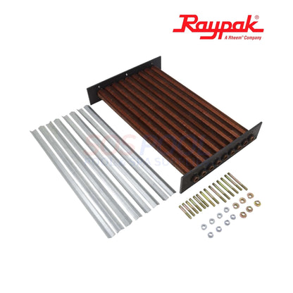 Raypak ASME Copper Tube Bundle Heat Exchanger For 406A/407A | 010058F, showcasing copper tubes, headers, and fittings for pool heating.