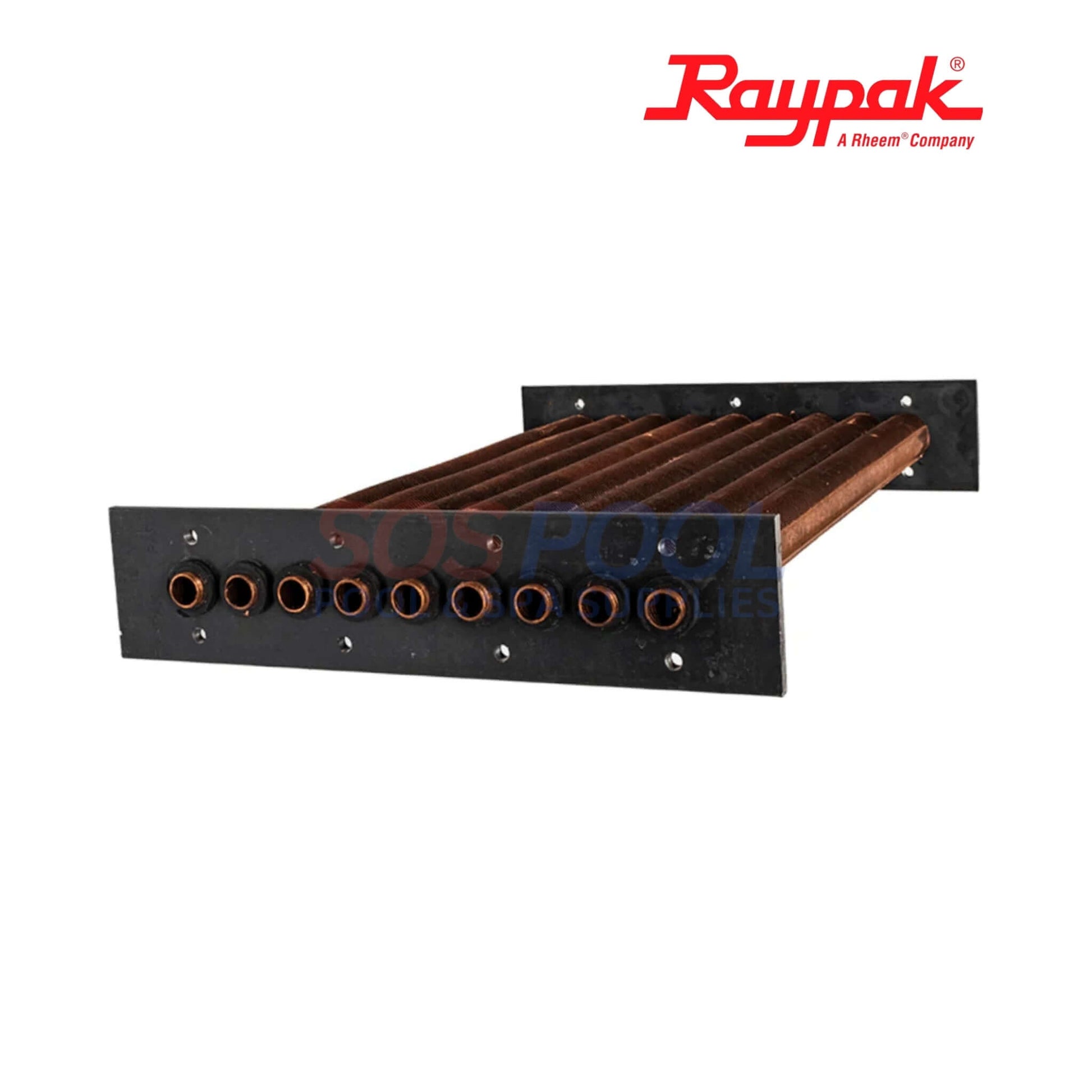 Raypak ASME Copper Tube Bundle Heat Exchanger For 406A/407A | 010058F with nine copper tubes, OEM pool parts from SOS Pool Supplies.