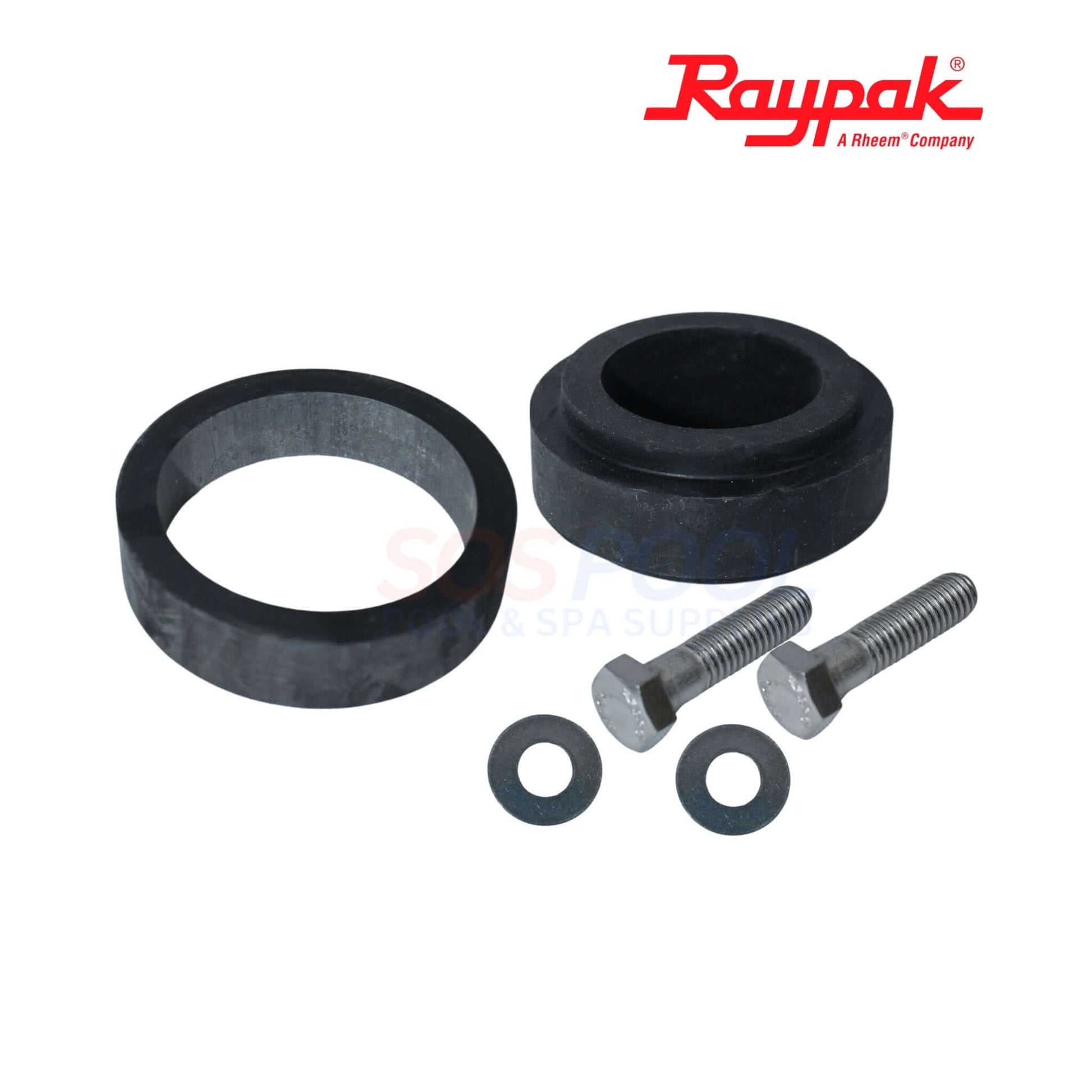 Raypak rubber gasket and bolts for pool heater maintenance, ensuring secure fittings and leak prevention. Part number: 015883F.