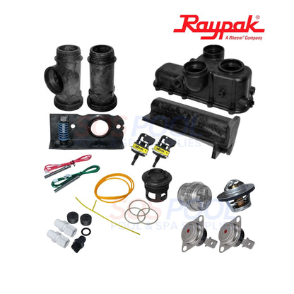 Raypak Complete Header Kit For Avia 264A & 404A | 019049F, including inlet/outlet parts and accessories for pool heaters.