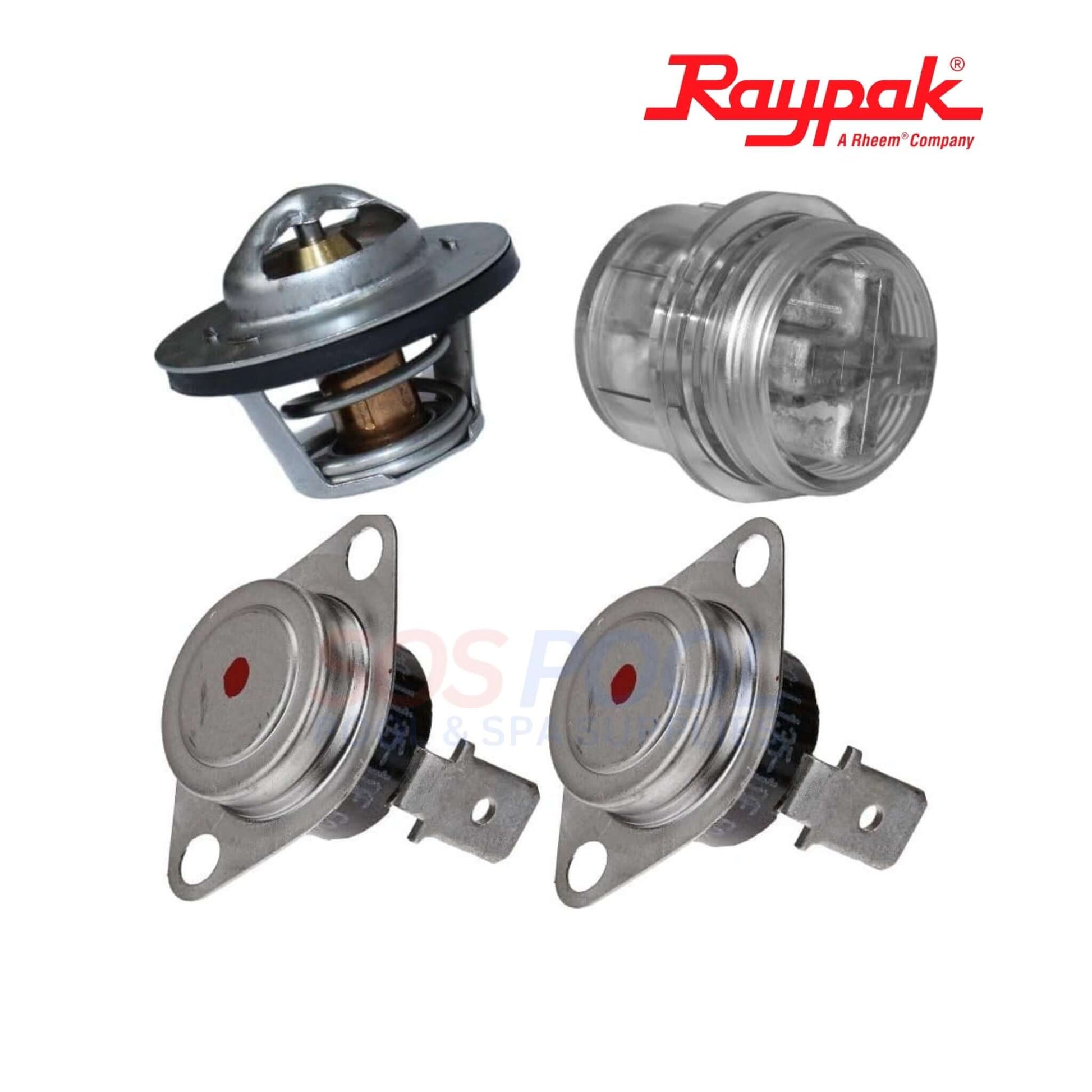 Raypak Complete Header Kit For Avia 264A & 404A | 019049F parts, including thermostat and fittings, in silver and clear.
