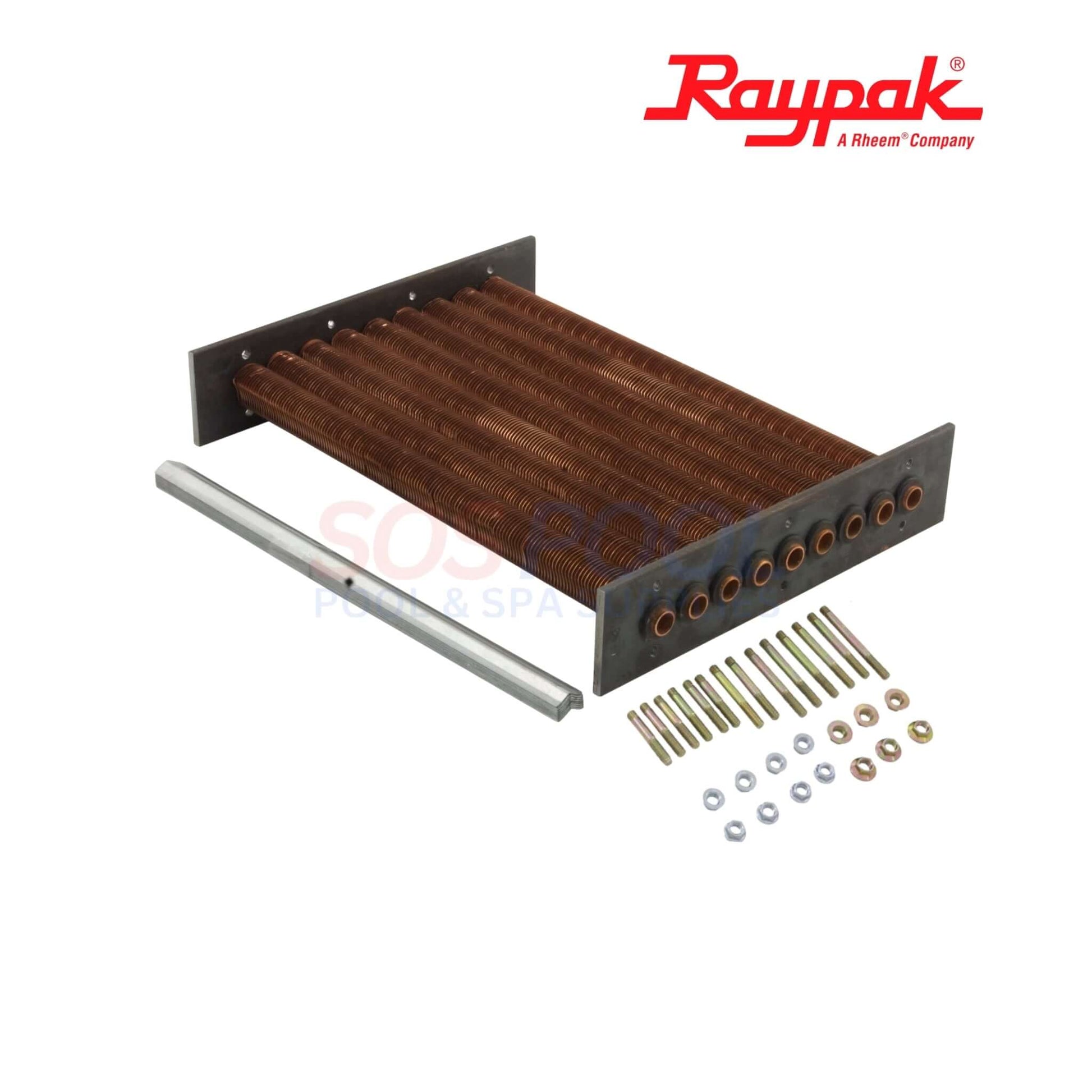 Raypak Copper Tube Bundle Heat Exchanger For 336A/337A | 010057F with copper tubes, header gasket, and mounting hardware for pool heaters.