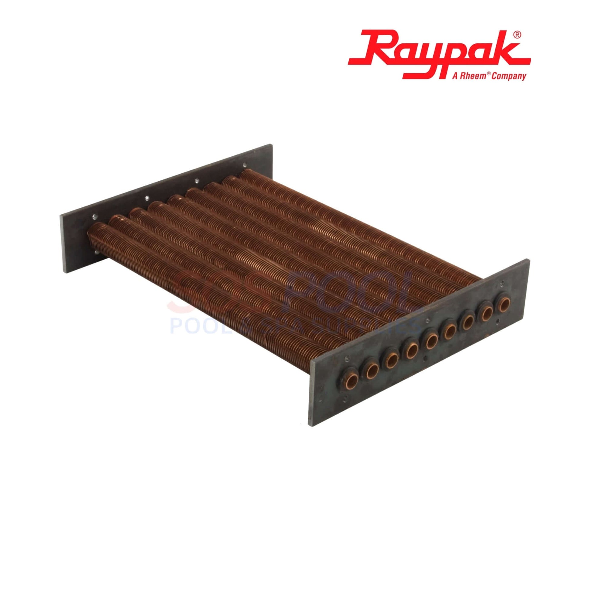 Raypak Copper Tube Bundle Heat Exchanger For 336A/337A | 010057F showing copper tubes and mounting plate, ideal for SOS Pool supplies.