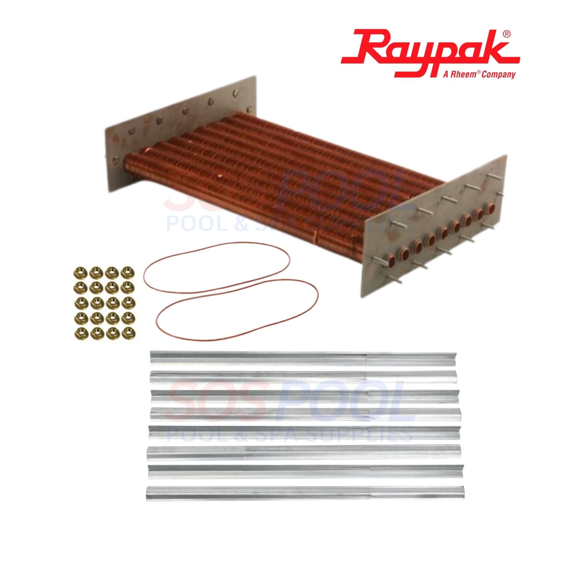 Raypak Copper Tube Bundle Heat Exchanger For 406A/407A | 010062F with copper tubes and accessories from SOS Pool.