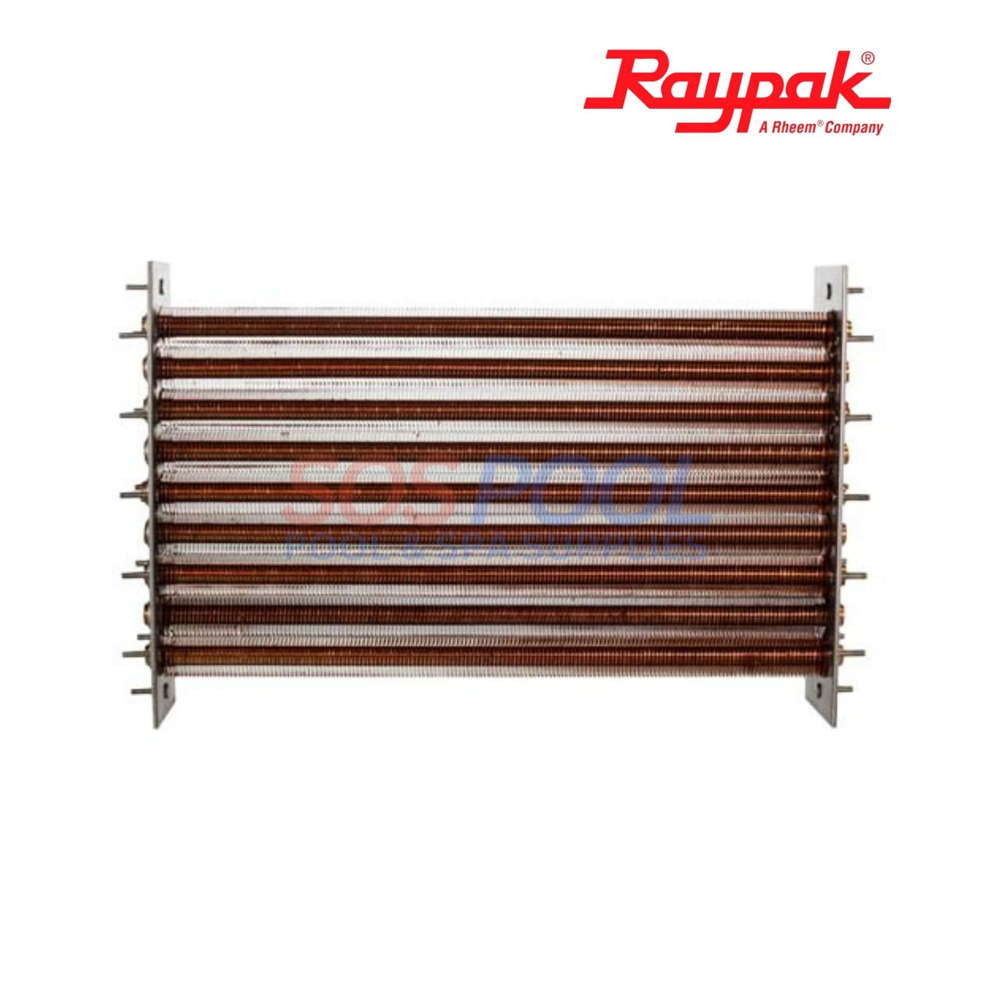 Raypak Copper Tube Bundle Heat Exchanger For 406A/407A | 010062F with copper tubes and metal frame, ideal for SOS Pool supplies.