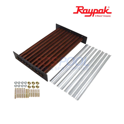 Raypak Copper Tube Bundle Heat Exchanger for ASME 406A/407A | 017977F with copper tubes and mounting hardware showing.