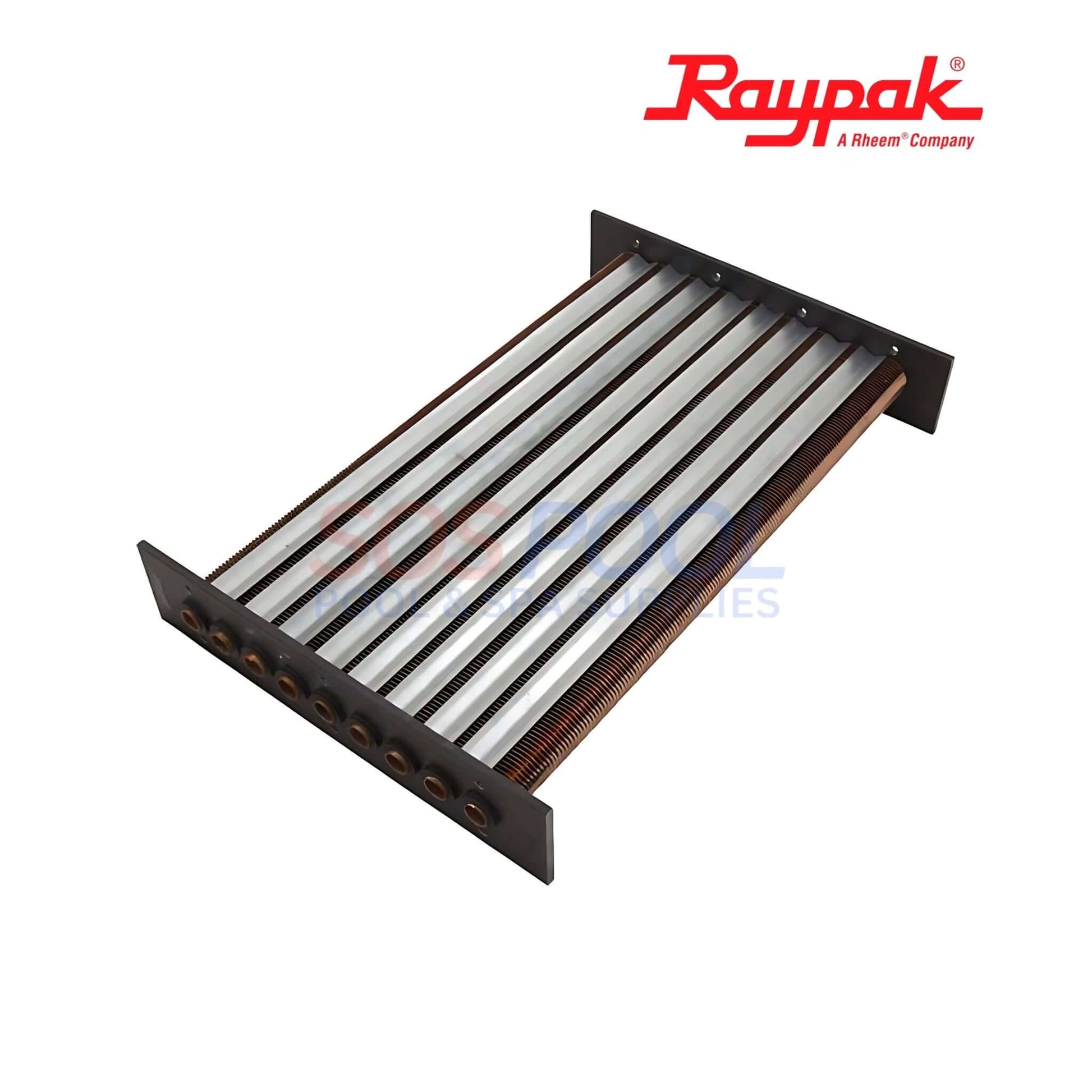 Raypak Copper Tube Bundle Heat Exchanger for ASME 406A/407A | 017977F shown from the side, ideal for SOS Pool and swimming pool parts.