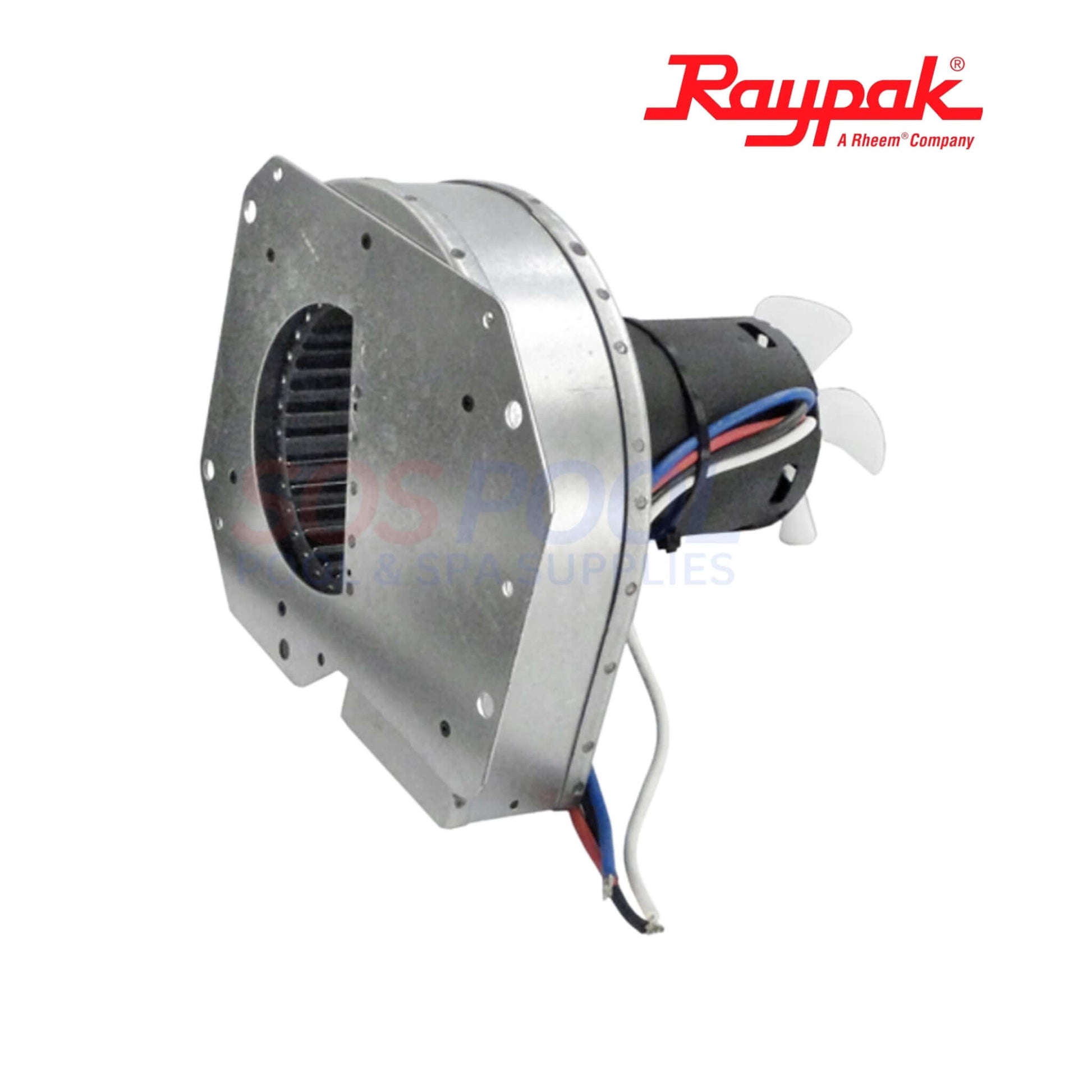 Raypak D-2 Power Vent Blower Kit | 008156F with a silver metal casing and black motor; OEM part for swimming pool supplies.