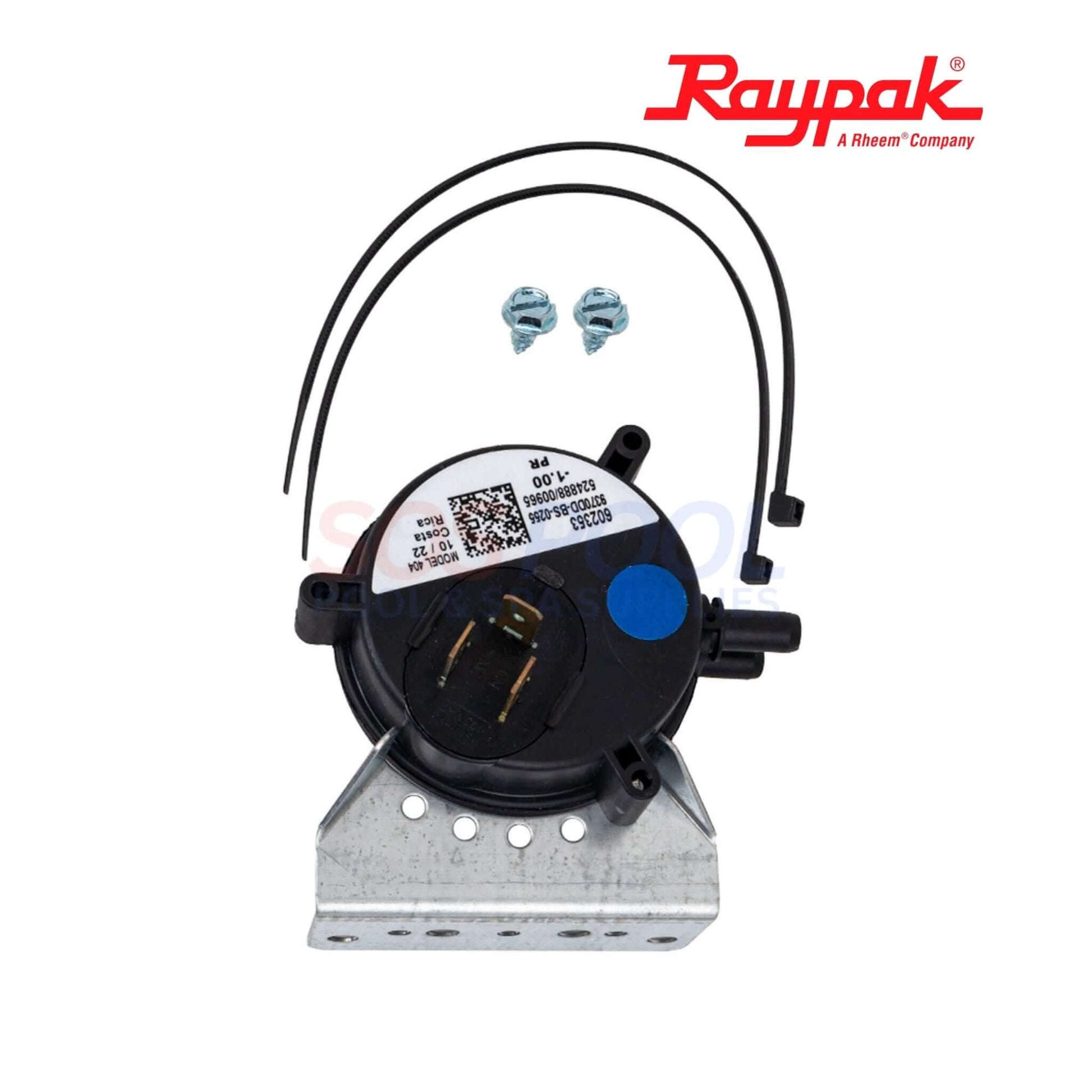 Raypak Differential Pressure Kit For Avia 404A | 018931F showing black pressure sensor on metal base with screws, ideal for pool heaters.