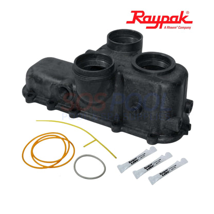Raypak Header Kit For Avia 264A & 404A | 019050F shown at angle with seals and tubes, ideal for SOS pool supplies.