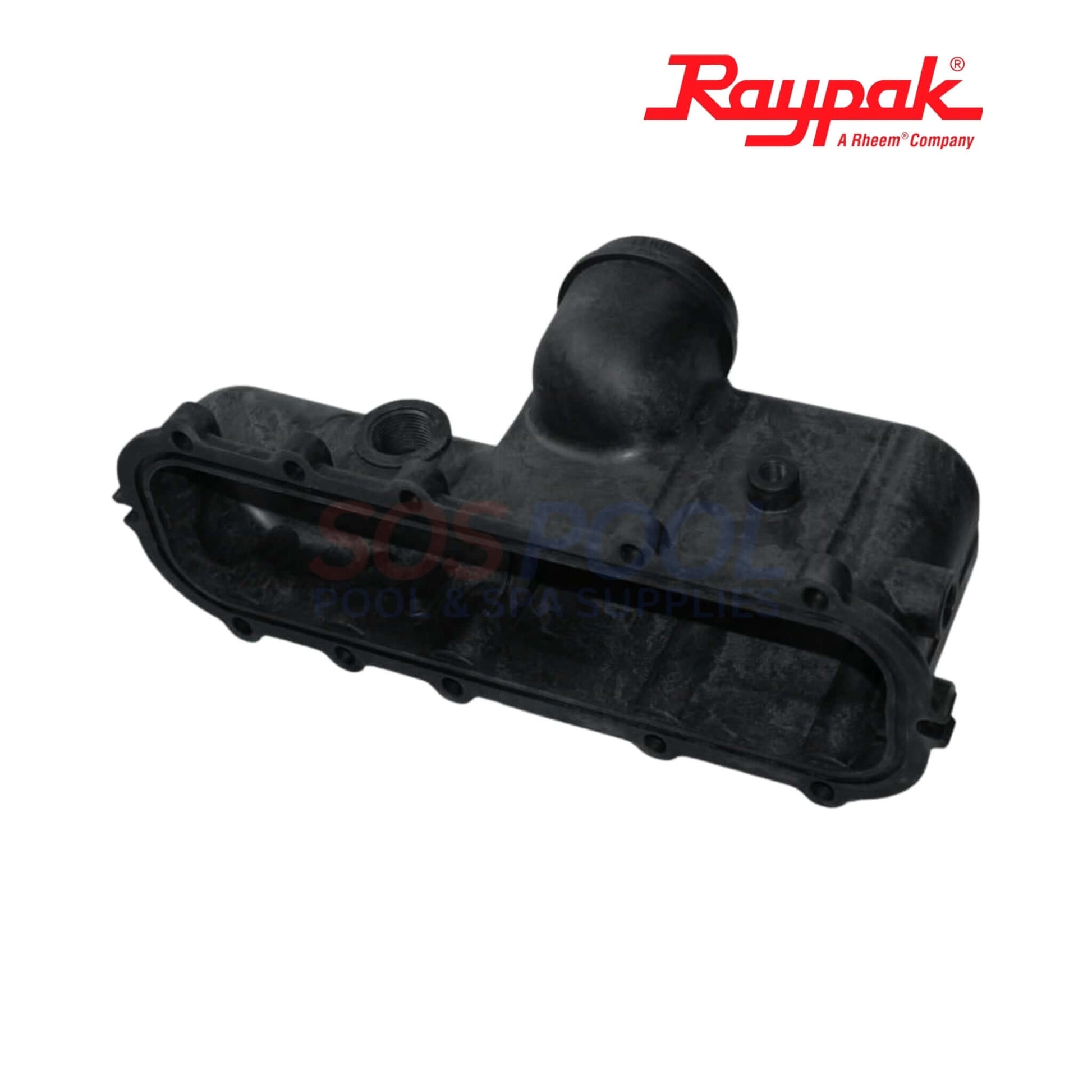 Raypak Header Kit For Avia 264A & 404A | 019050F shown from side, featuring robust black material for pool heater repairs.