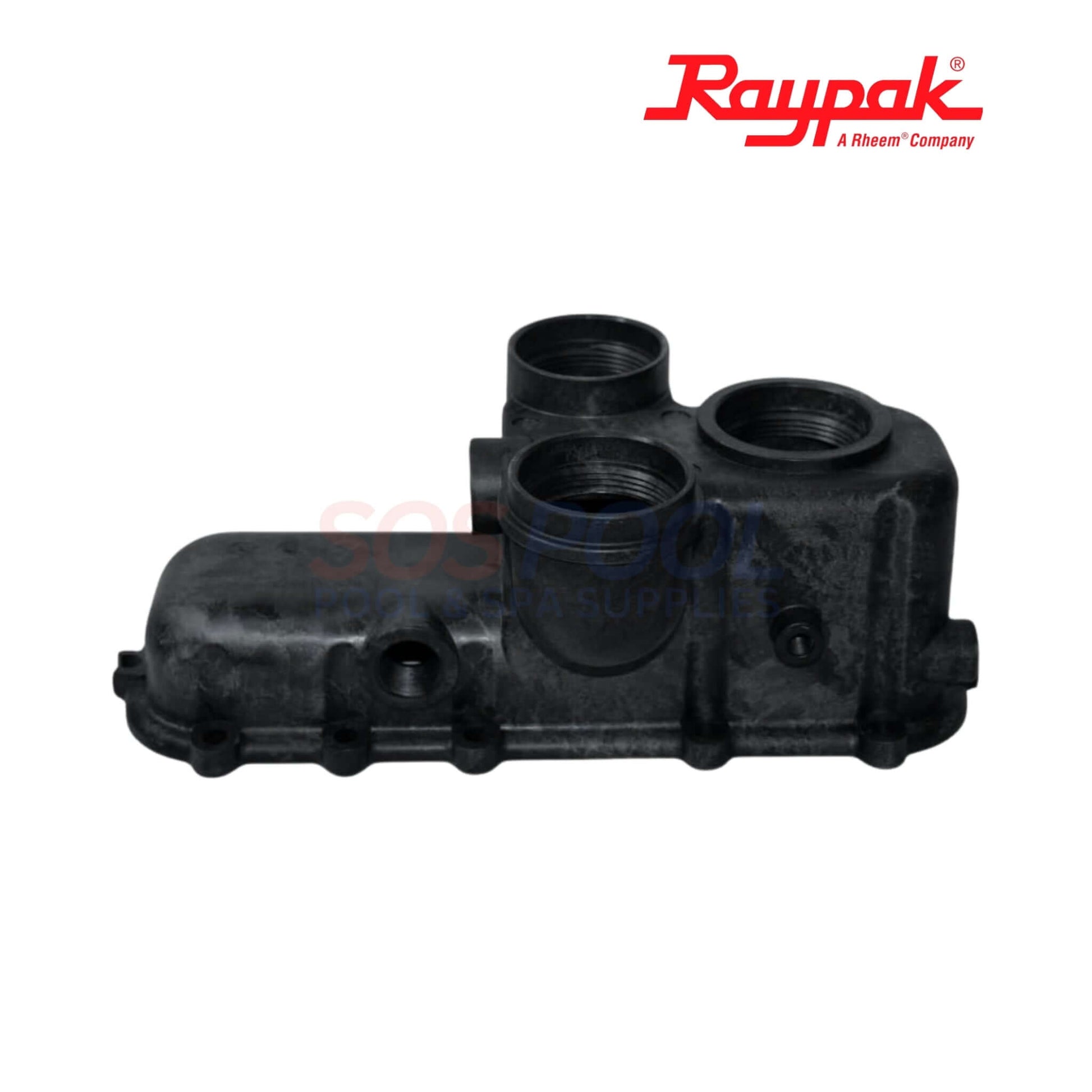 Raypak Header Kit For Avia 264A & 404A | 019050F, black inlet/outlet assembly, corrosion-resistant, perfect for SOS Pool supplies.