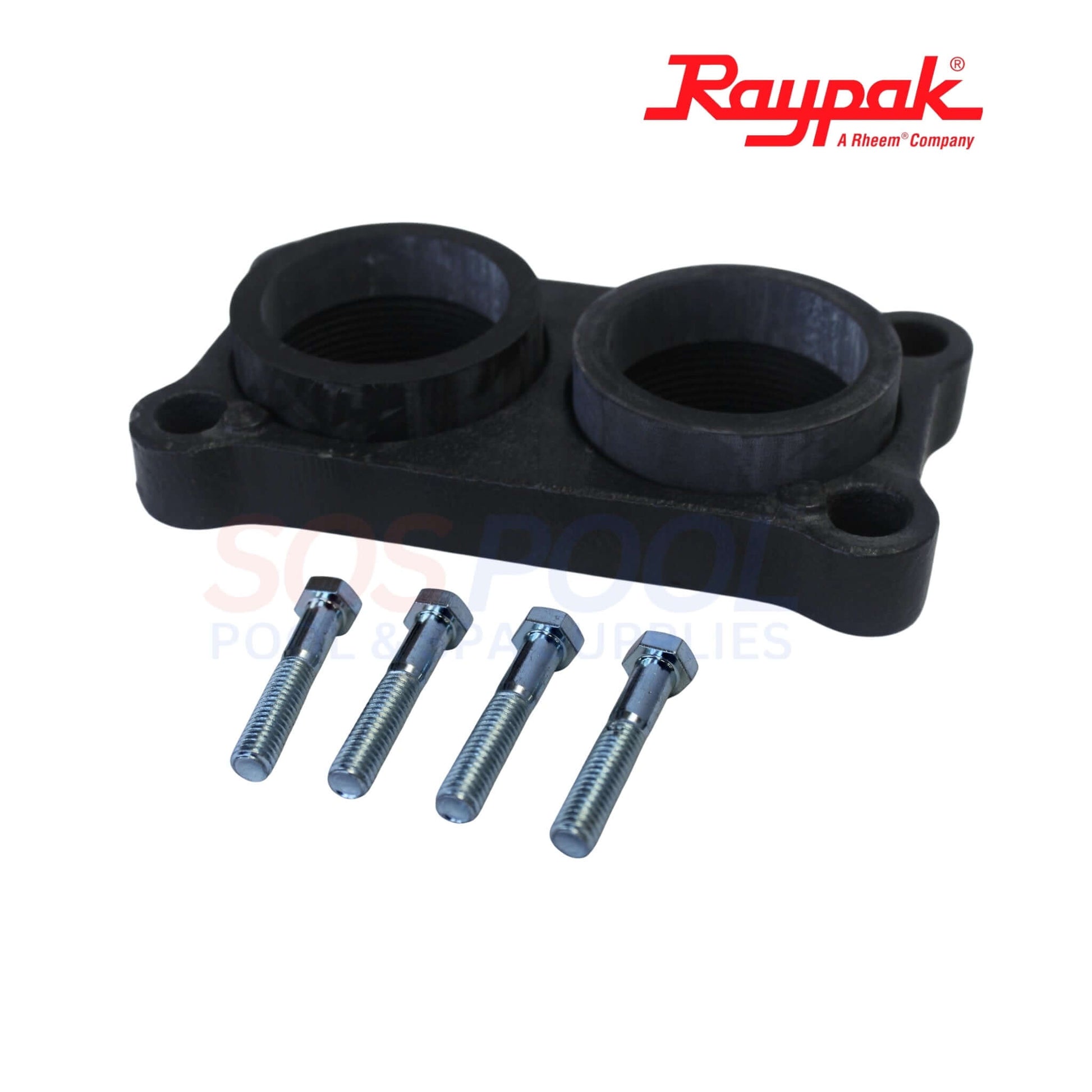 Raypak Heater Inlet Outlet Flange for 334-824 | 002477F showing black flange with bolts, compatible with SOS Pool supplies.