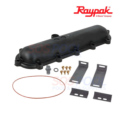 Raypak Heater Return Header For 206A-406A | 006707F in black, with gasket, bolts, and mounting brackets, from SOS Pool.