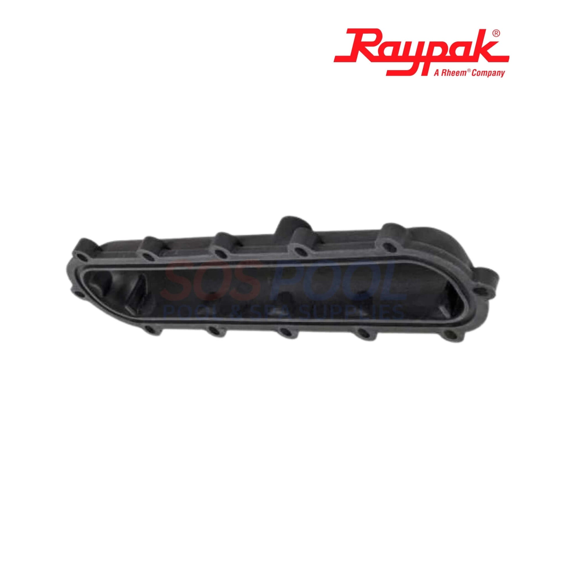 Raypak Heater Return Header For 206A-406A | 006707F, black Capron polymer assembly for pool water flow, supplied with gasket.