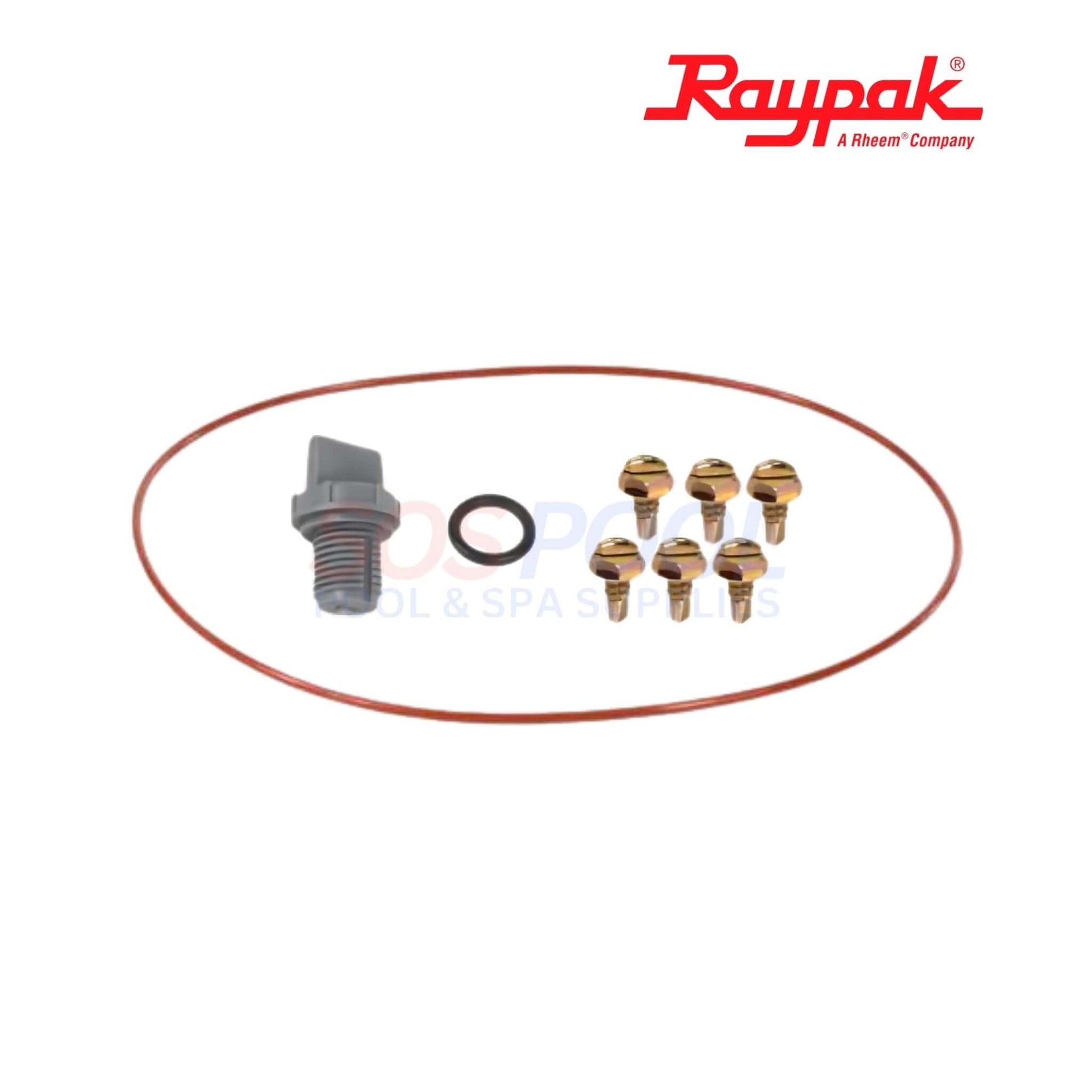 Raypak Heater Return Header For 206A-406A | 006707F, includes bolts, O-ring, OEM replacement part for heaters.
