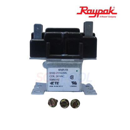 Raypak Hi-Delta DPST 24V Relay | 007376F showing a black and silver relay with three screws, ideal for pool supplies and swimming pool parts.
